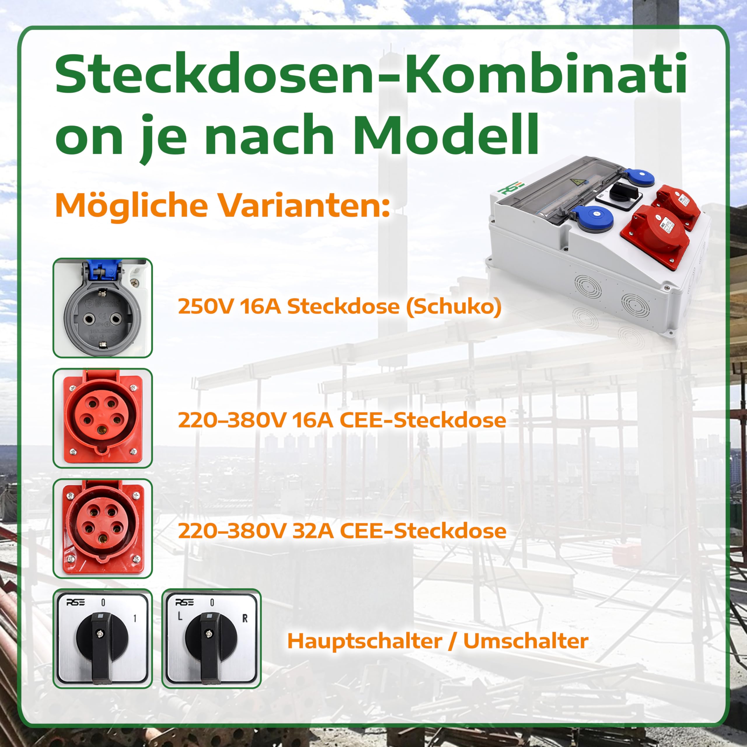 RSE BAUSTROMVERTEILER WANDVERTEILER KOMPLETT VERDRAHTET 32A 16A 230V MIT HAGER SICHERUNGEN IP65, RSE 14-16A/5P, 2x230V