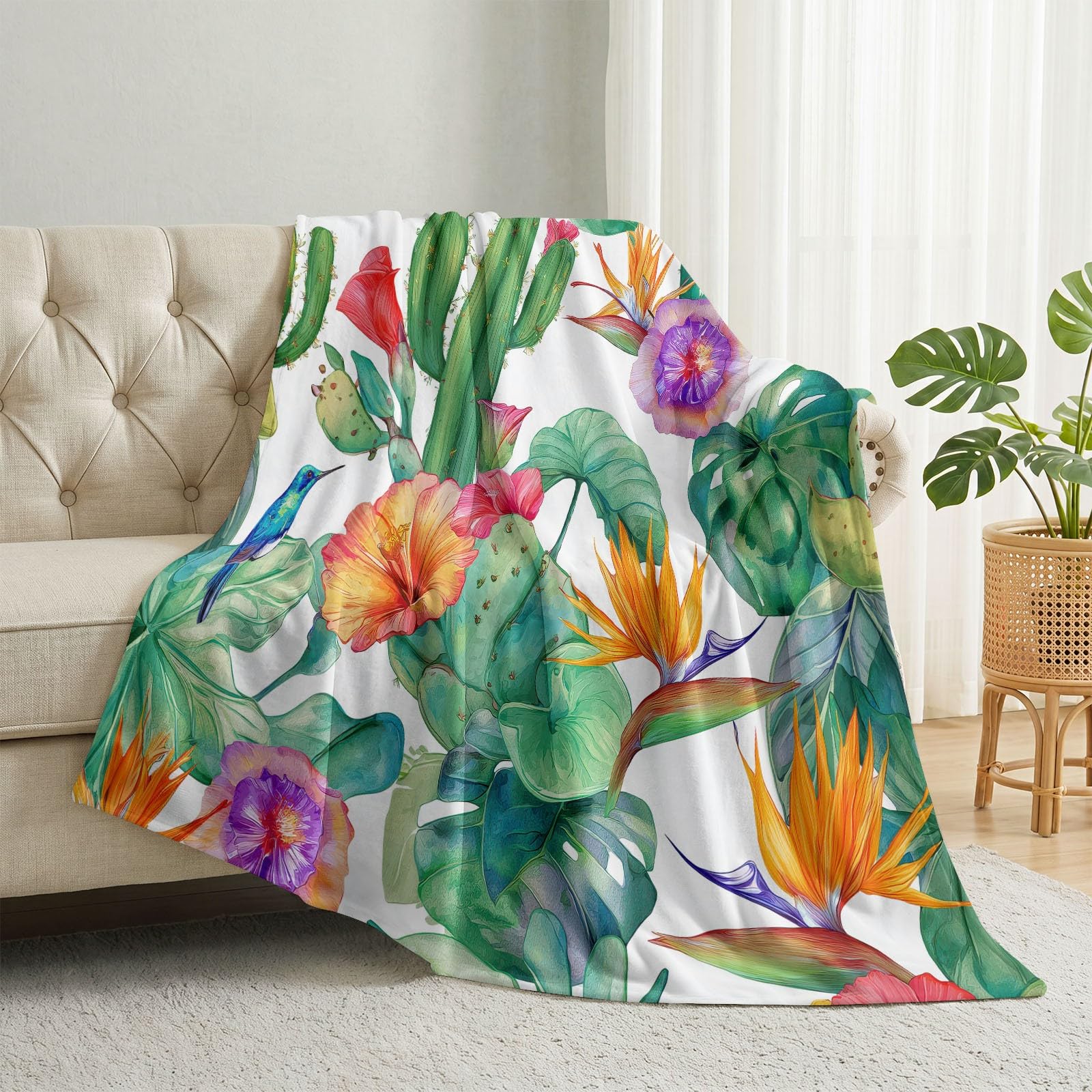 Akwarela Rośliny Koc polarowy 150 x 200 cm, miękki koc Ciepło Wygodny Flanelowy Kaktus Kwiatowy Liście Kaktusa dla dorosłych i dzieci, Koce hipoalergiczne Biały Zielony