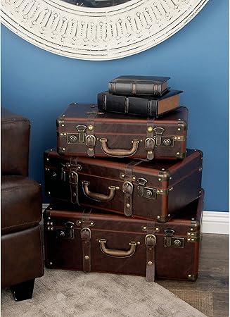 review MISC Set of 3 Farmhouse Wood and Leather Vintage Suitcases Brown
