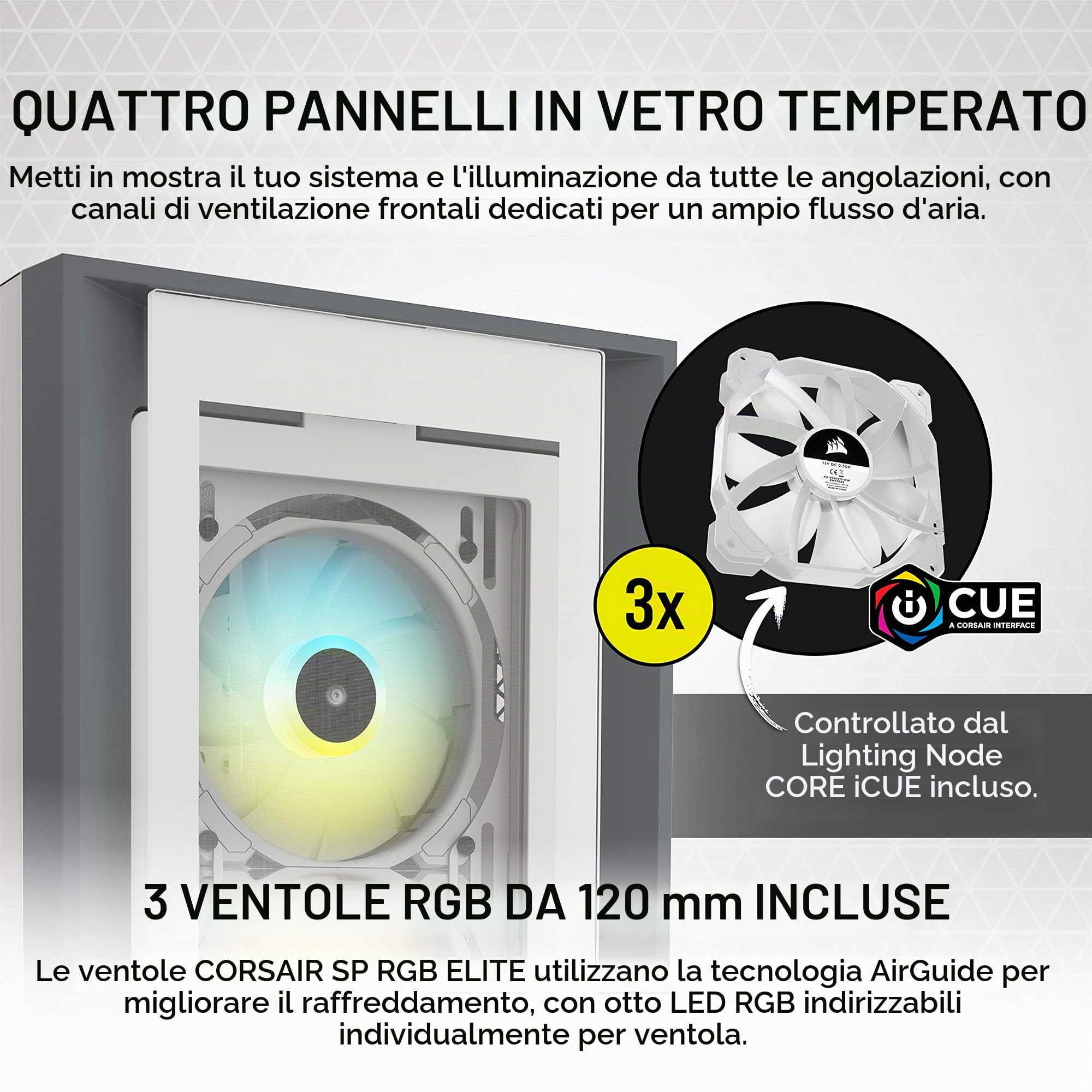 Corsair iCUE 5000X RGB Case per PC Intelligente ATX Mid-Tower con Vetro Temperato (Quattro Pannelli in Vetro Temperato, Sistema di Gestione dei Cavi RapidRoute, Tre Ventole da 120 mm Incluse) Bianco
