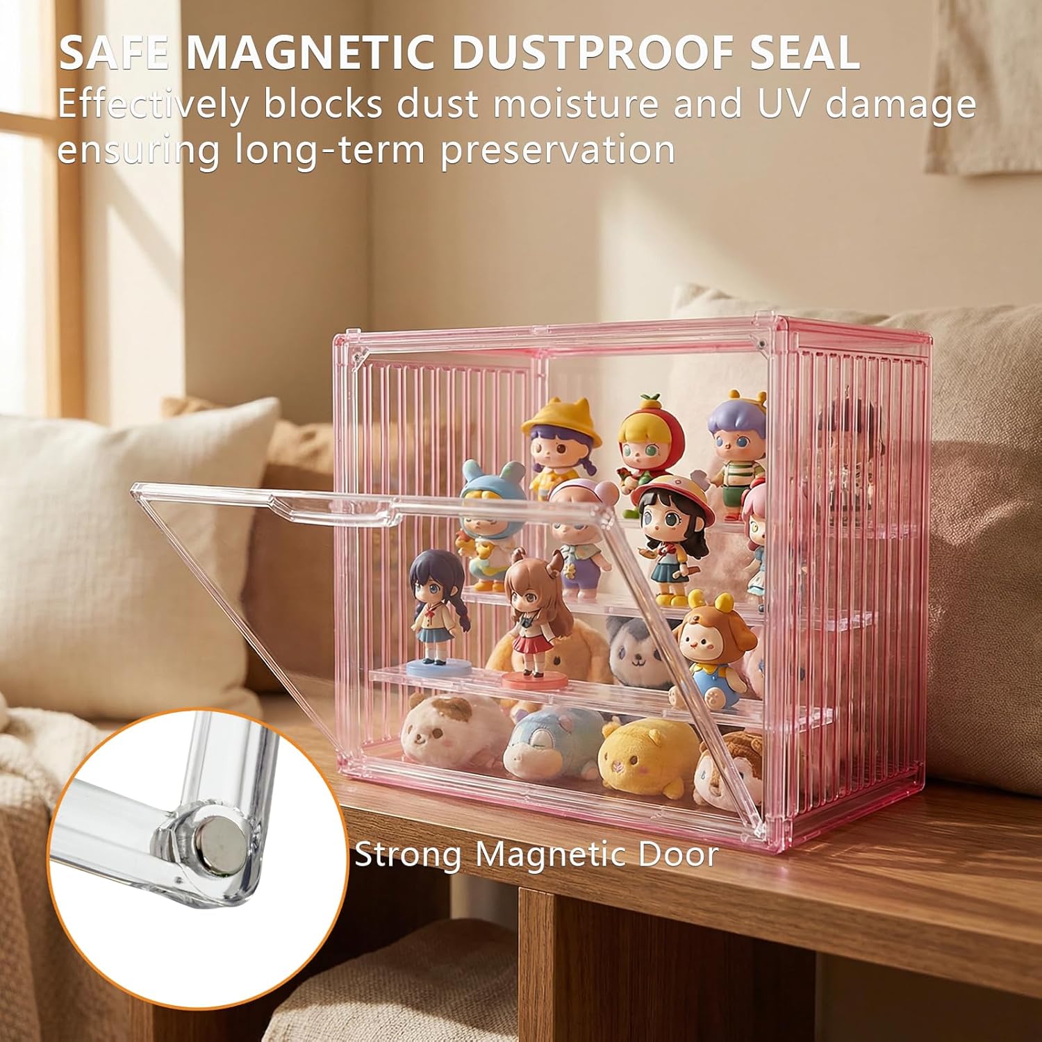 Clear Doll Display Box Compatible with Labubu - Stackable Organizer for 15-17cm Dolls & Accessories, Transparent Display Case for Collectibles, Action Figures, and Toy Clothes (Pink)