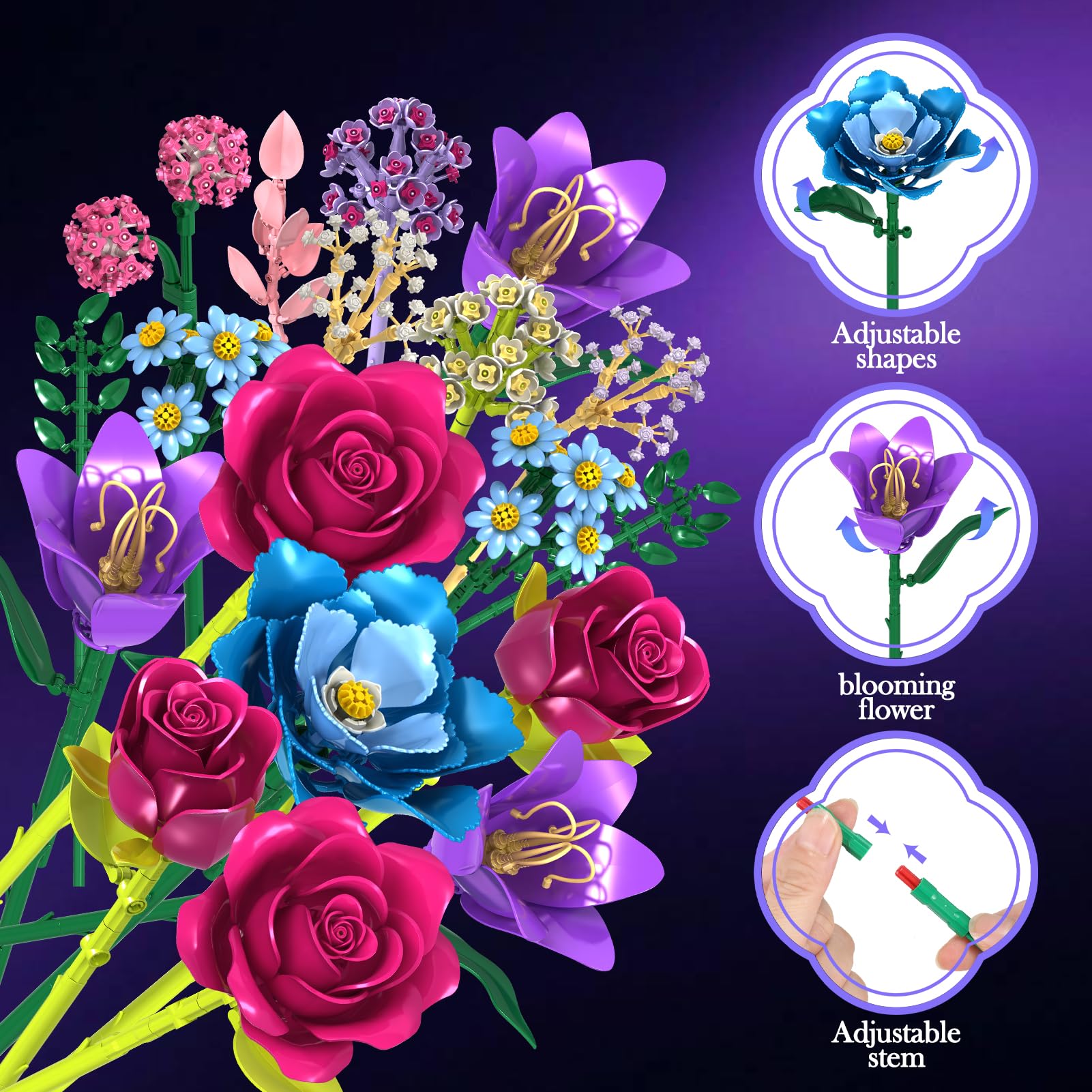 Fleurs Briques De Construction, 19 Multicolore Bouquet avec Rose, Lys, Kit de fleur artificielle, DIY Jouet Créatif Cadeau pour Adultes Femmes Filles 6+, pour Fête des Mères, Anniversaire, Déco - 5