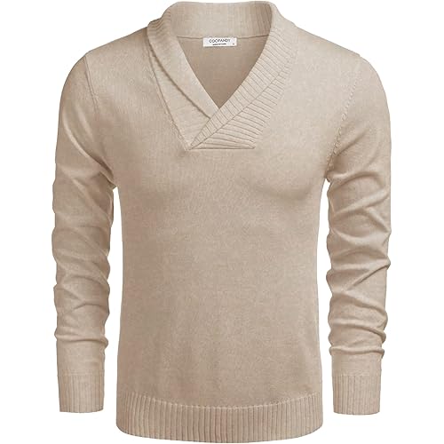 COOFANDY Men's Knitted Dress Sweater Casual V-Neck Slim Fit Pullover Knitwear Shawl Collar Sweaters