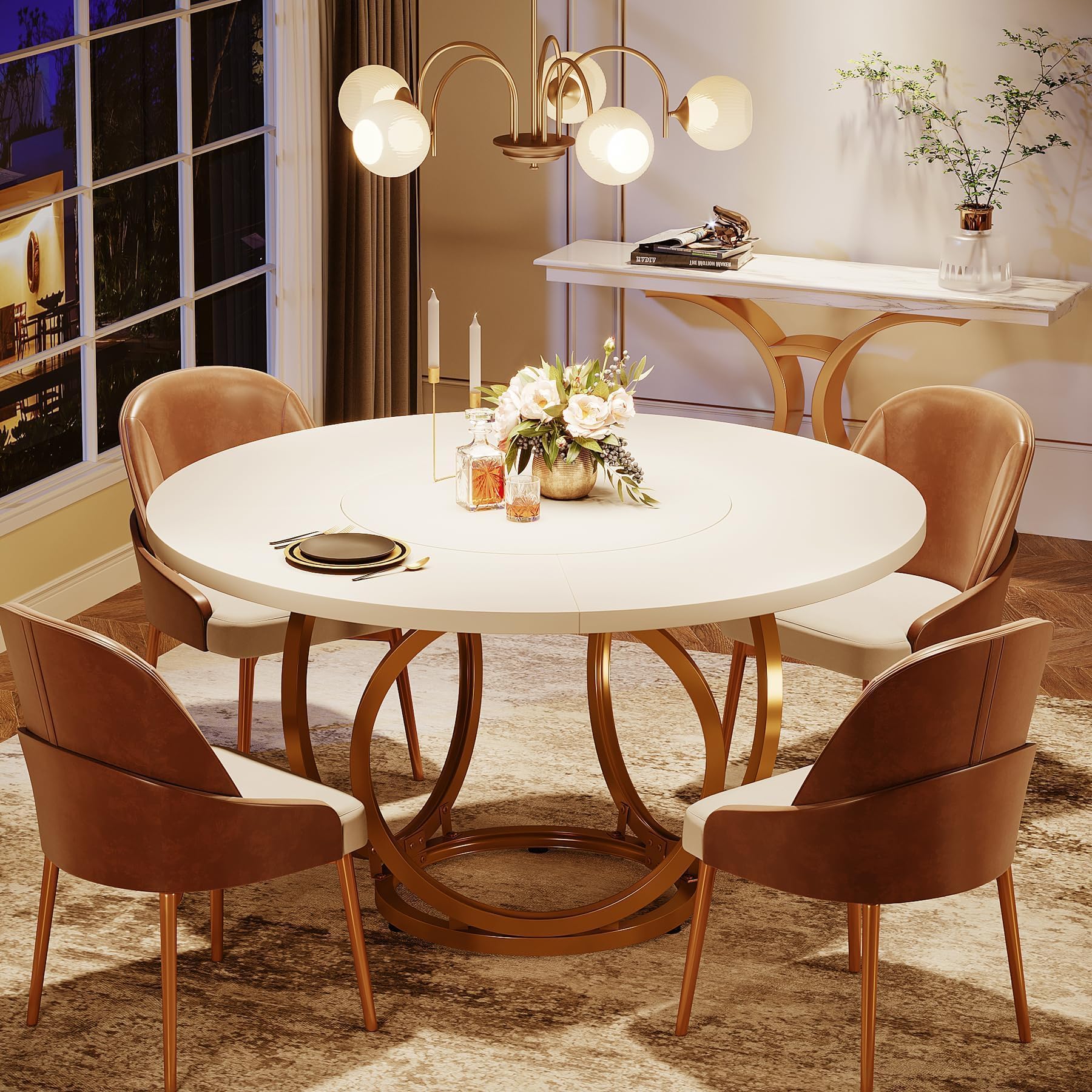 LITTLE TREE Esstisch Rund, moderner 120cm Küchentisch für 4-6 Personen, Couchtisch Beistelltisch mit 2 Ebenen & Metallrahmen für Wohnzimmer, Esszimmer und Küche, Weiß/Gold