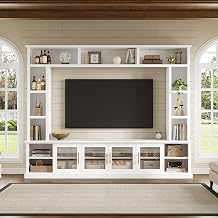 Merax 95" Entertainment Center for TVs up to 80", All-in-One TV Stand with Bookshelves & Storage Cabinets & Tempered Glass Doors & Adjustable Shelves, Modern Living Room Wall Unit Media Console, White