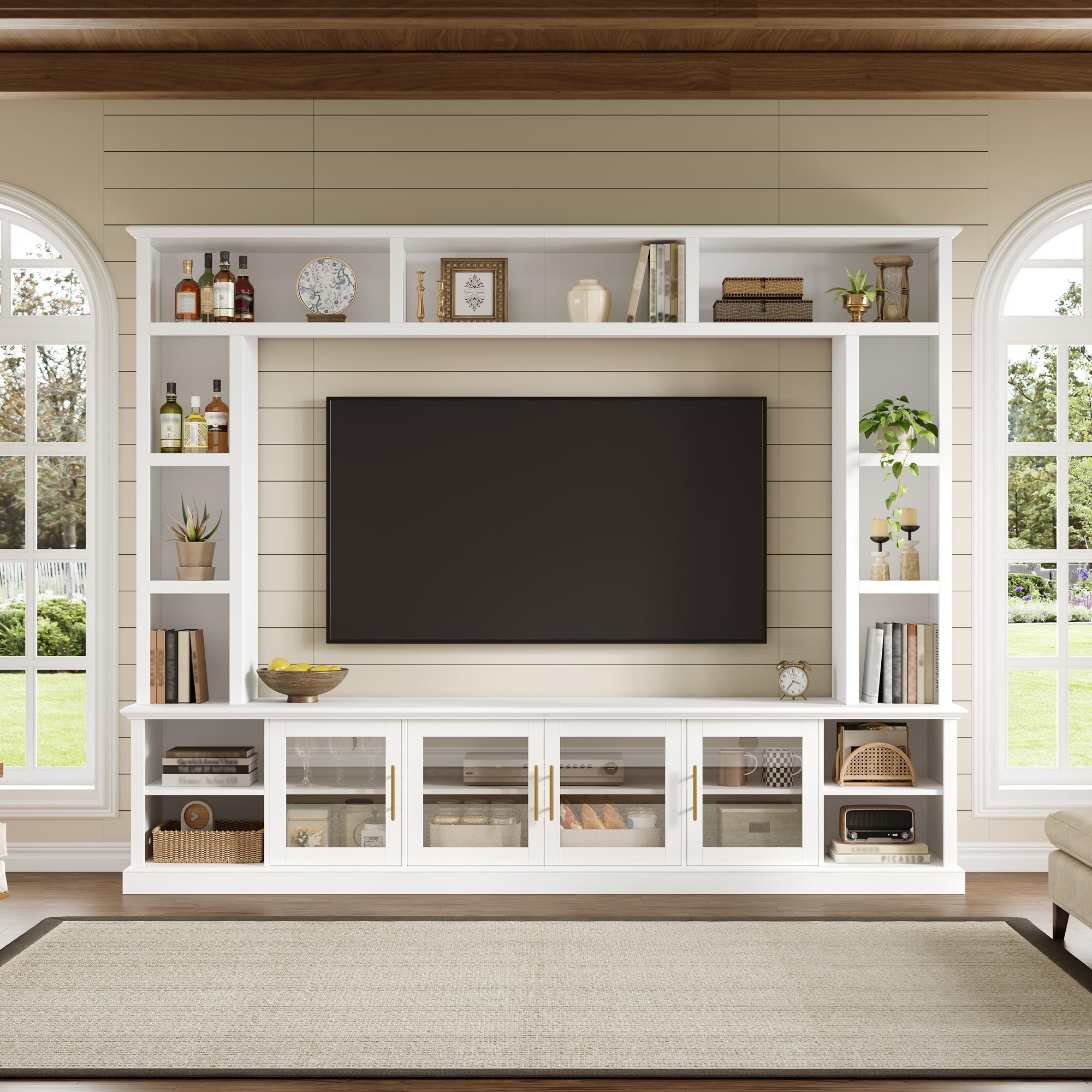 Merax 95" Entertainment Center for TVs up to 80", All-in-One TV Stand with Bookshelves & Storage Cabinets & Tempered Glass Doors & Adjustable Shelves,