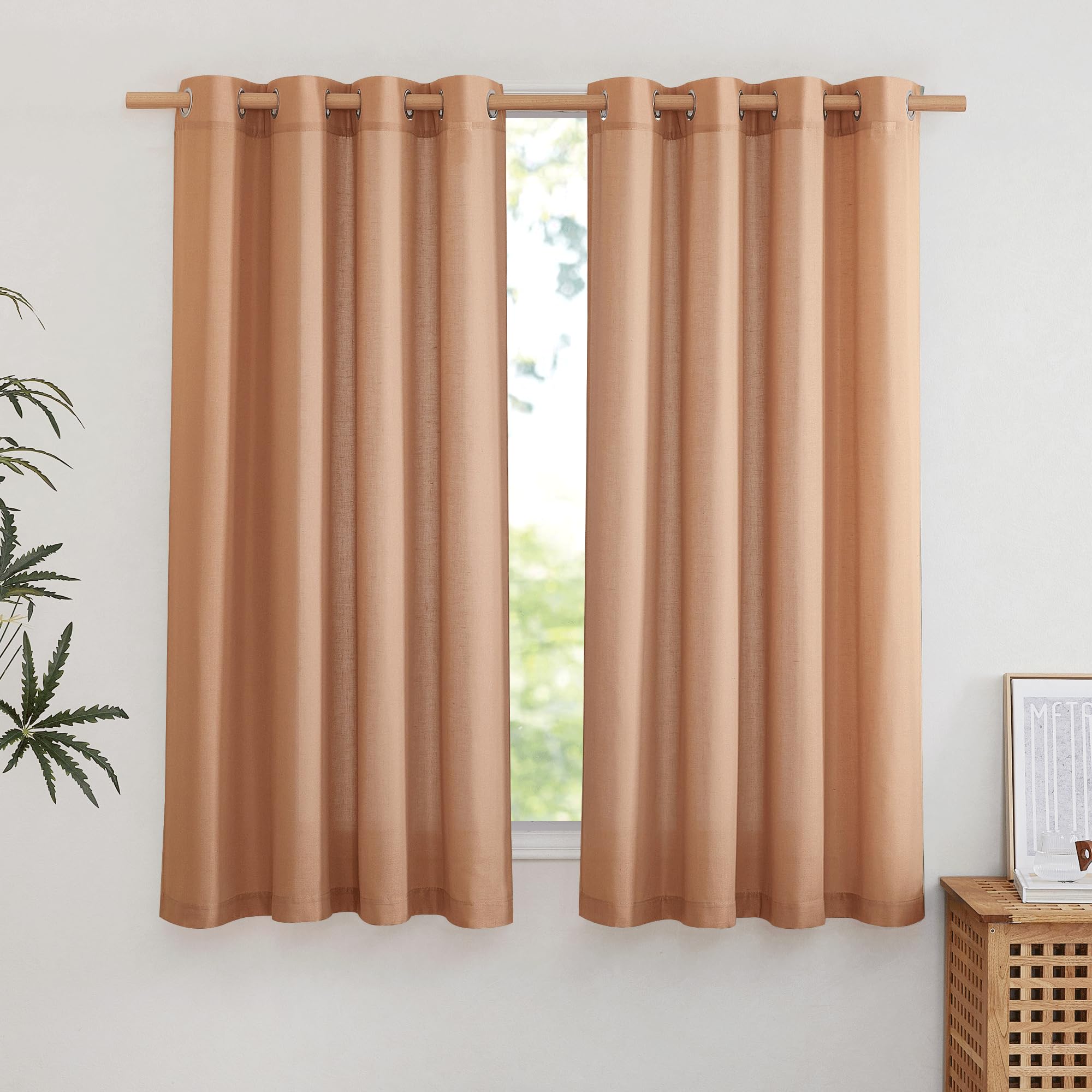 NICETOWN NICETOWN Thick Linen Burnt Orange Curtains 63 inches Long, Grommet Linen Weave Semi Sheer Window Treatment Privacy Added with Light Filtering Drapes for Bedroom, 2 Panels, W55 x L63