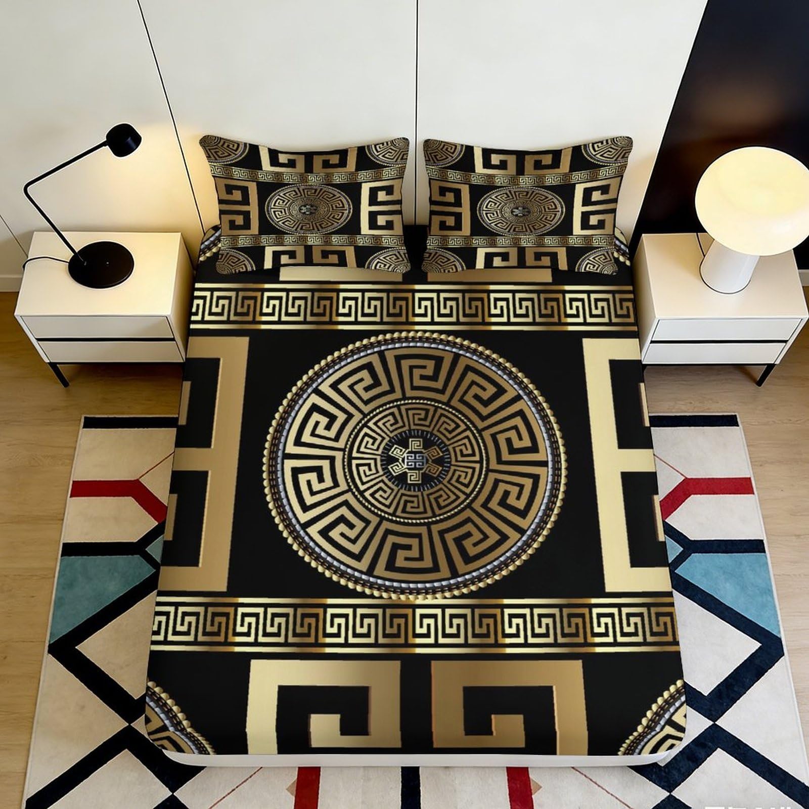 Jqzkxnhpbr Style-10 3D Printed Greek Geometric Fitted Sheet Microfiber Black Gold Mandala Bed Cover For Bedroom Dorm Mattress Protection Decor 90X200x25cm