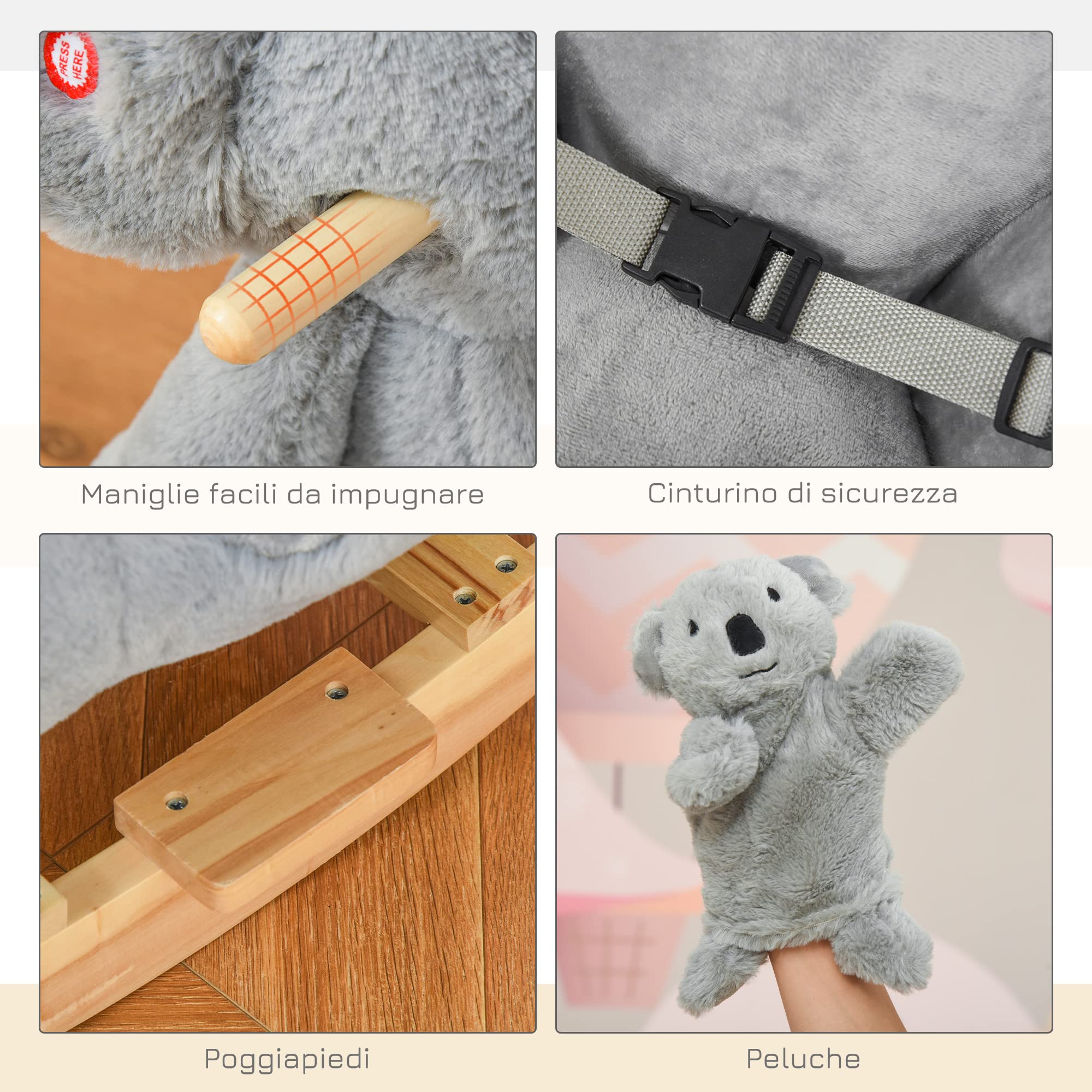 HOMCOM Cavallo a Dondolo Koala in Peluche Imbottita con Suoni, Cintura di sicurezza e Base in Legno, 60x33x50cm, Grigio