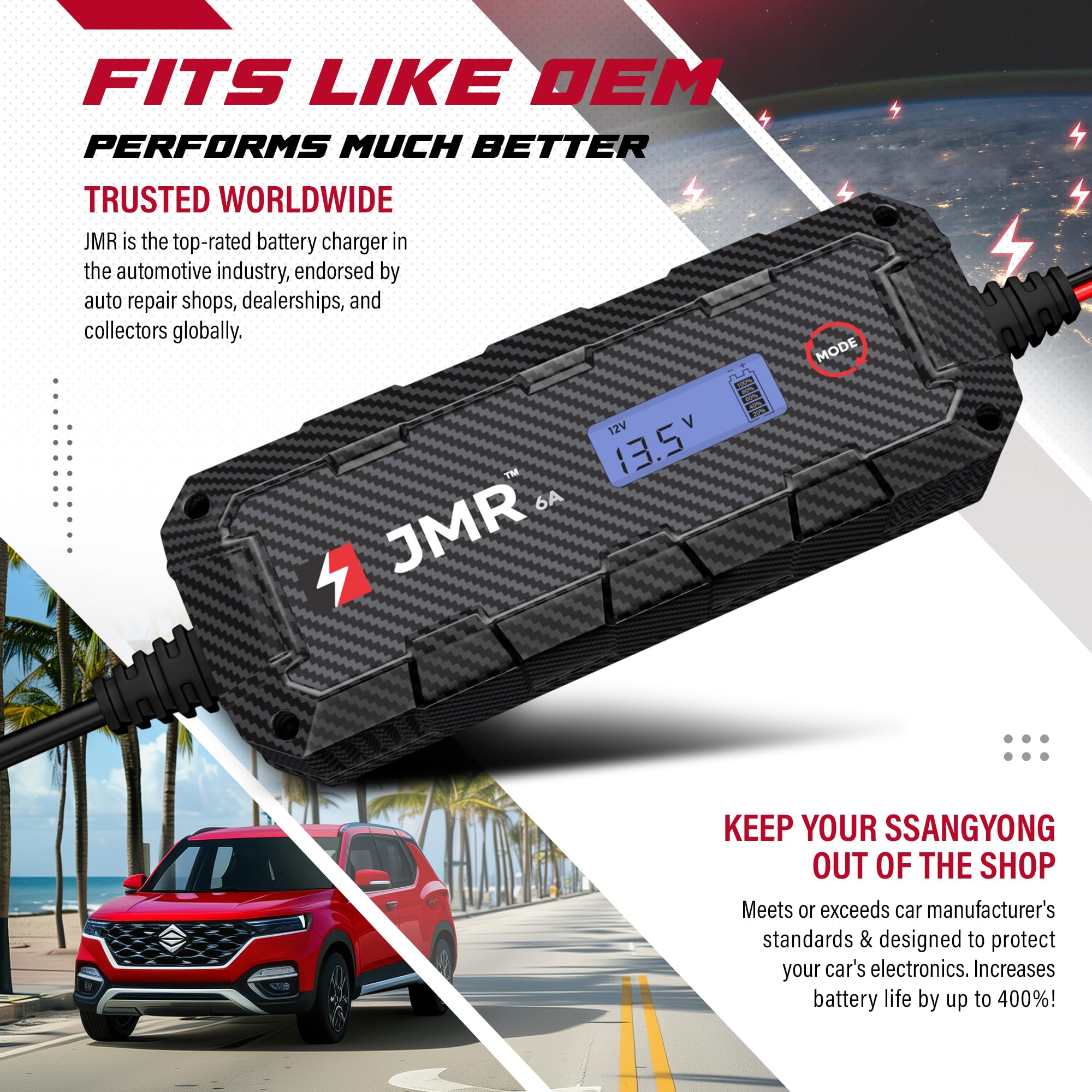 JMR Battery Charger for SsangYong Rexton Korando Tivoli XLV Actyon Chairman Musso Kyron Torres Rodius All Models Trickle Charger Conditioner Maintainer (No Lithium Mode)
