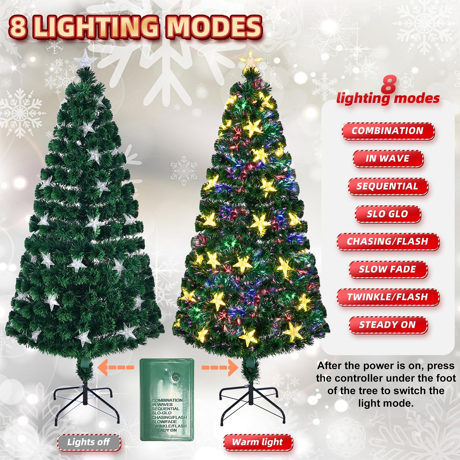Juegoal Árbol de Navidad artificial preiluminado de 6 pies, árboles de Navidad de fibra óptica iluminados con estrellas grandes blancas cálidas y luces de fibra óptica que cambian de color, árbol