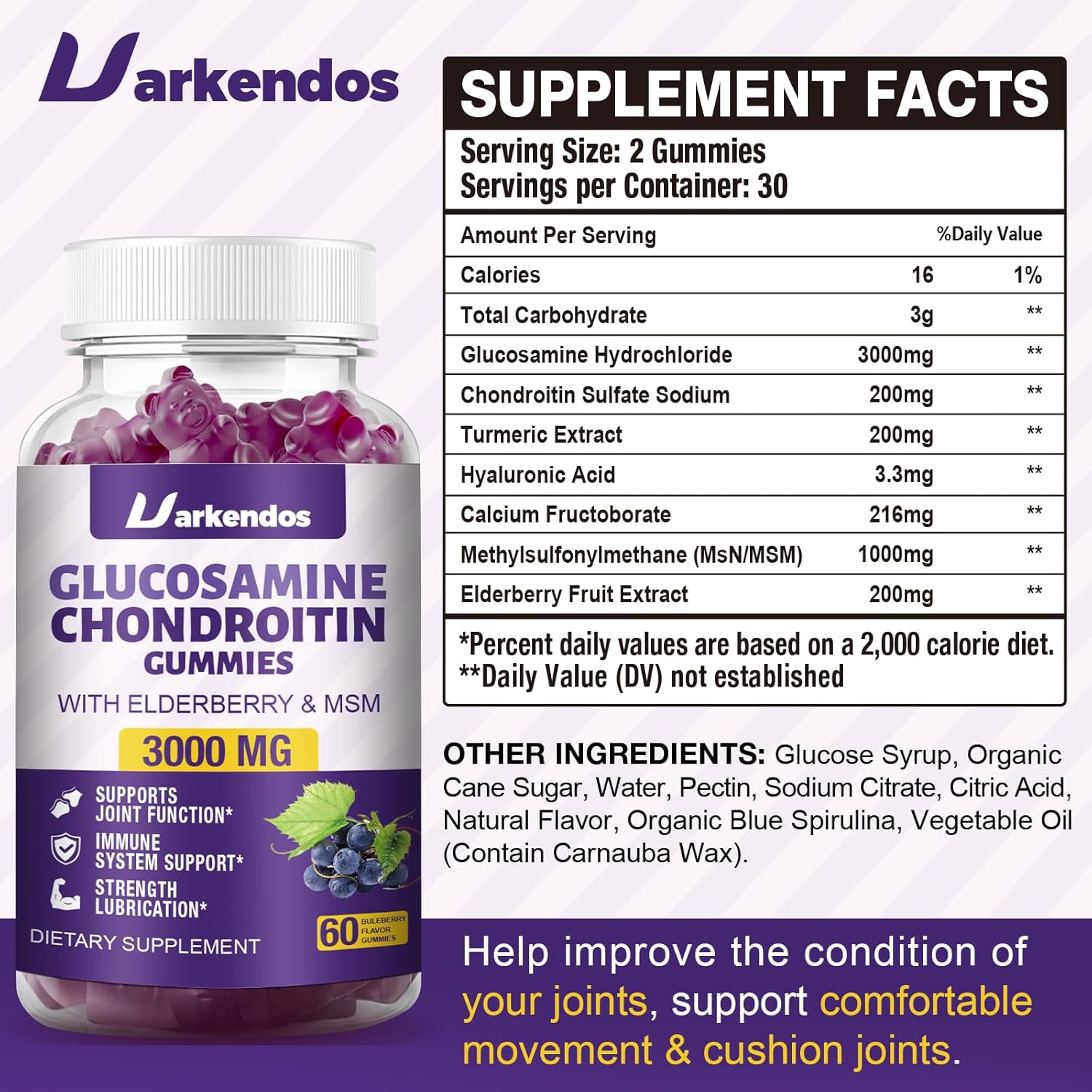 2 Packs 3000MG Glucosamine Chondroitin Gummies with MSM & Elderberry Extra Strength - Joint Support, Antioxidant Immune Support Supplement for Adults, Men & Women - 120 Blueberry Gummies - Image 2