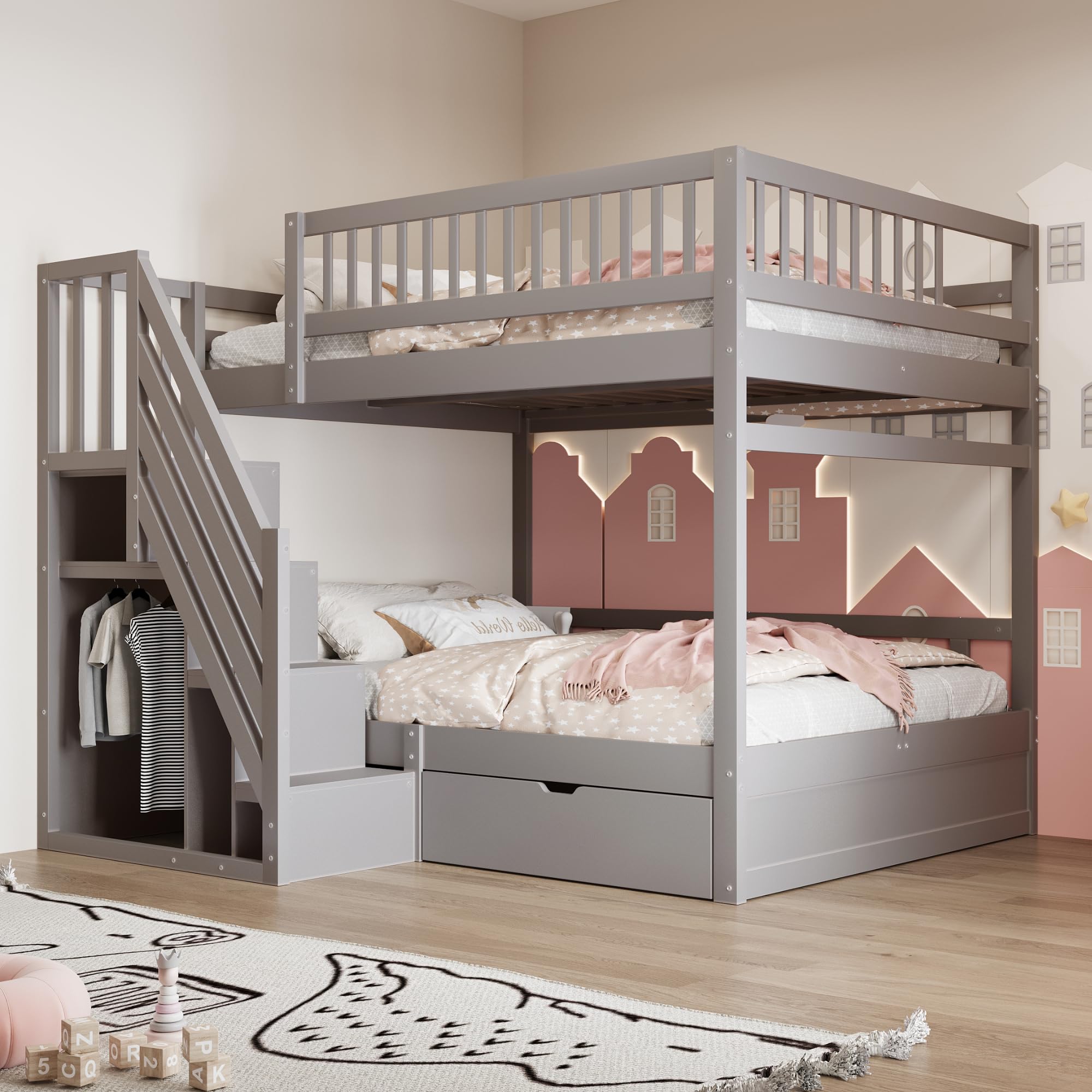 Kinderbett Etagenbett 140x200, Hochbett für 4 Kinder, Stockbett mit Treppe&Aufbewahrungsschrank&Schublade, Holzbett Jugenbett Funktionsbett mit Lattenrost&Rausfallschutz,Kiefernholz,Ohne Matratze,Grau
