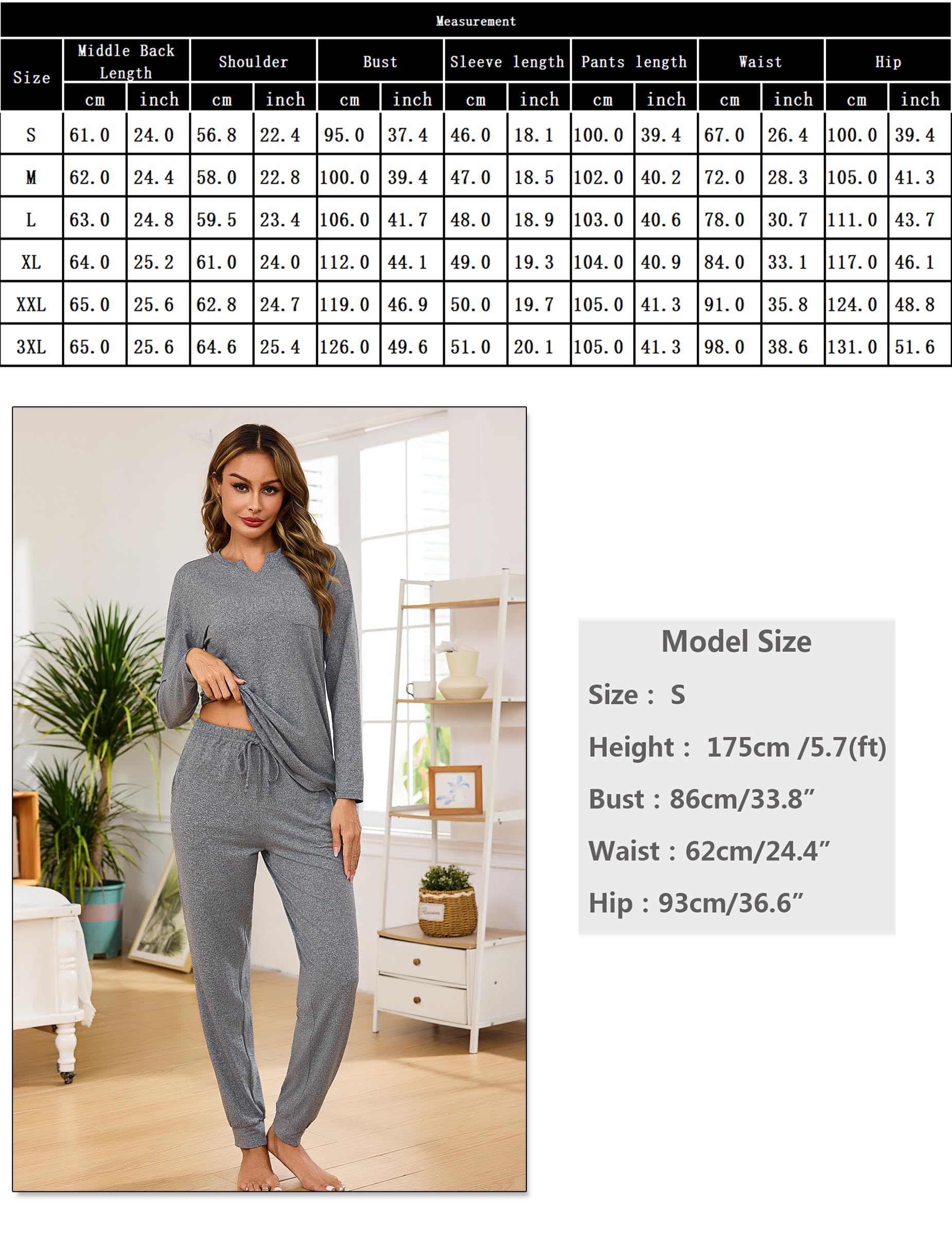 Bresdk Pijama Mujer Invierno Conjunto Pijama Largo con Bolsillos Pijamas Mujer Manga Larga Cuello en V Cómodo Ropa de Dormir Pjs Lounge Wear para Casa, Viaje o Regalo S-XXL