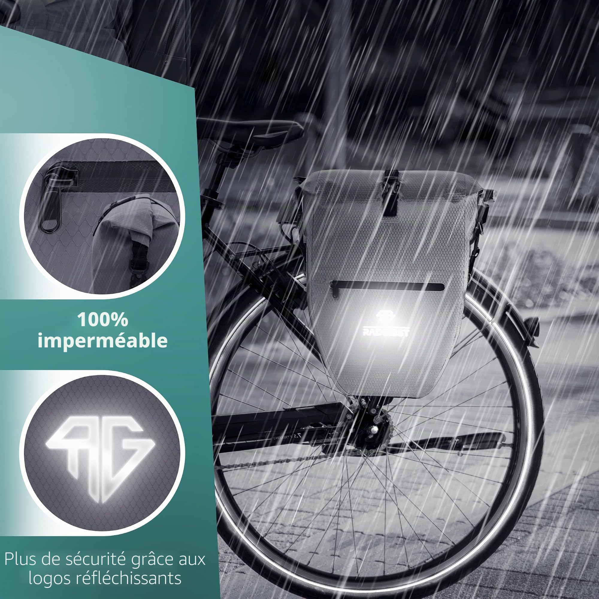 RADGEIST Sacoche de vélo pour porte-bagages - Sac pour porte-bagages de vélo - Sac de porte-bagages étanche et sac à bandoulière - Sacoche de vélo avec réflecteurs