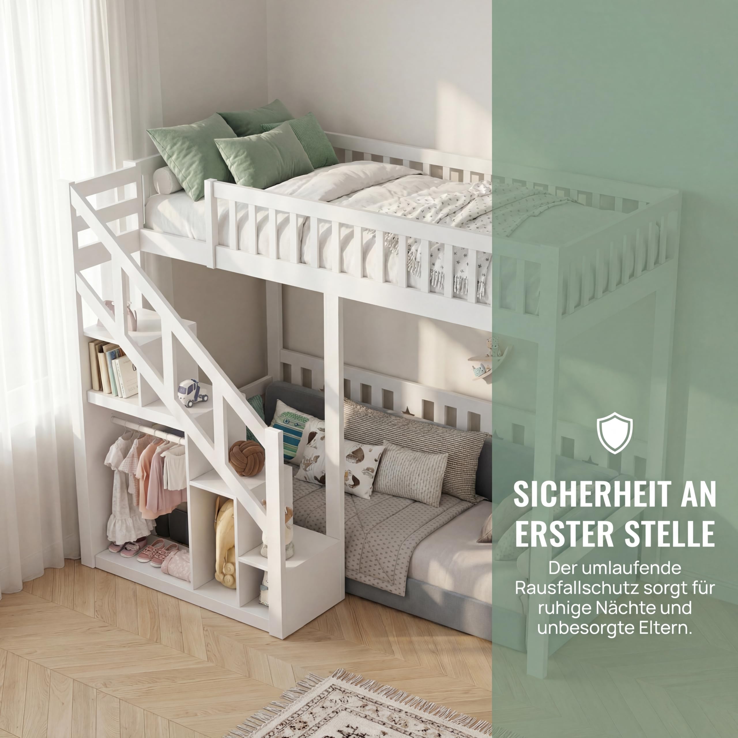 Etagenbett 90x200 mit Treppe & Stauraum, Hochbett Kinderbett mit Lattenrost, Funktionsbett Jugendhochbett Stockbett für Kinderzimmer, Jugendliche und Erwachsene, Weiß (Weiß, 90x200cm)