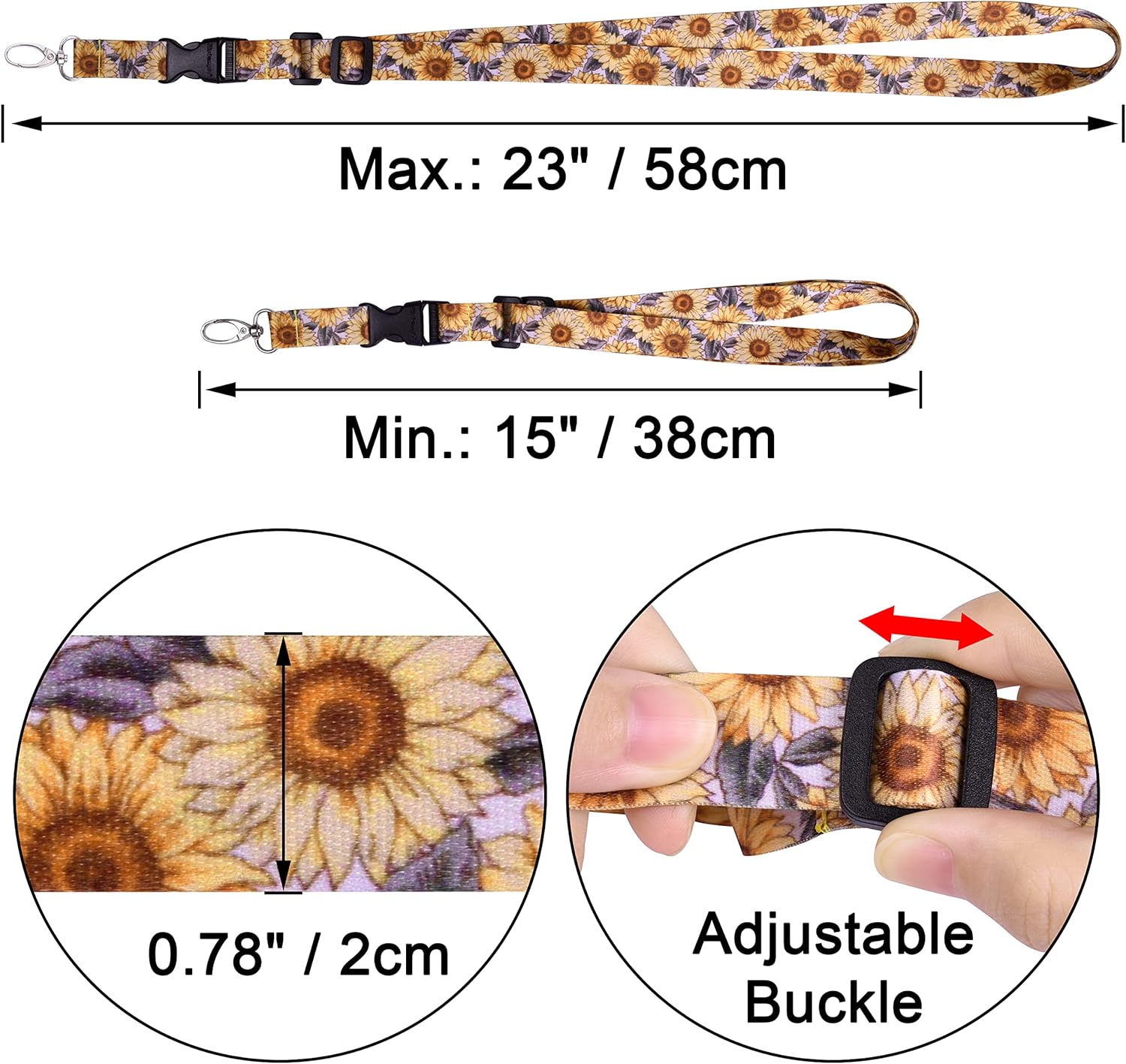 Wisdompro Adjustable Lanyard, Heavy Duty Neck Strap Lanyard with Detachable Buckle and Metal Hook for Keys, ID Badges, Card Holder, Name Tags - Sunflower - Image 2