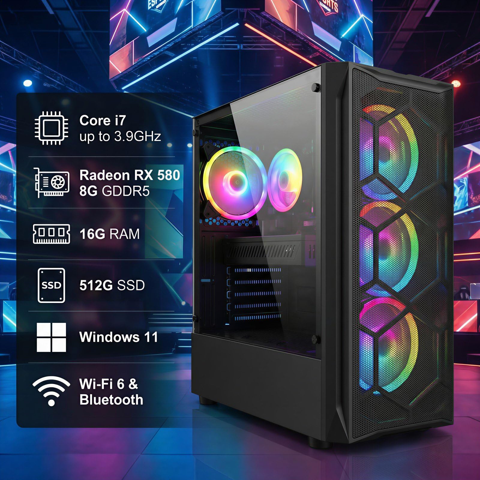 STGAubron Gaming PC Desktop Computer, Intel Core i7 up to 3.9GHz, Radeon RX 580 8G, 16G RAM, 512G SSD, WiFi 6, Bluetooth 5.2, RGB Fan x6, Windows 11 Home