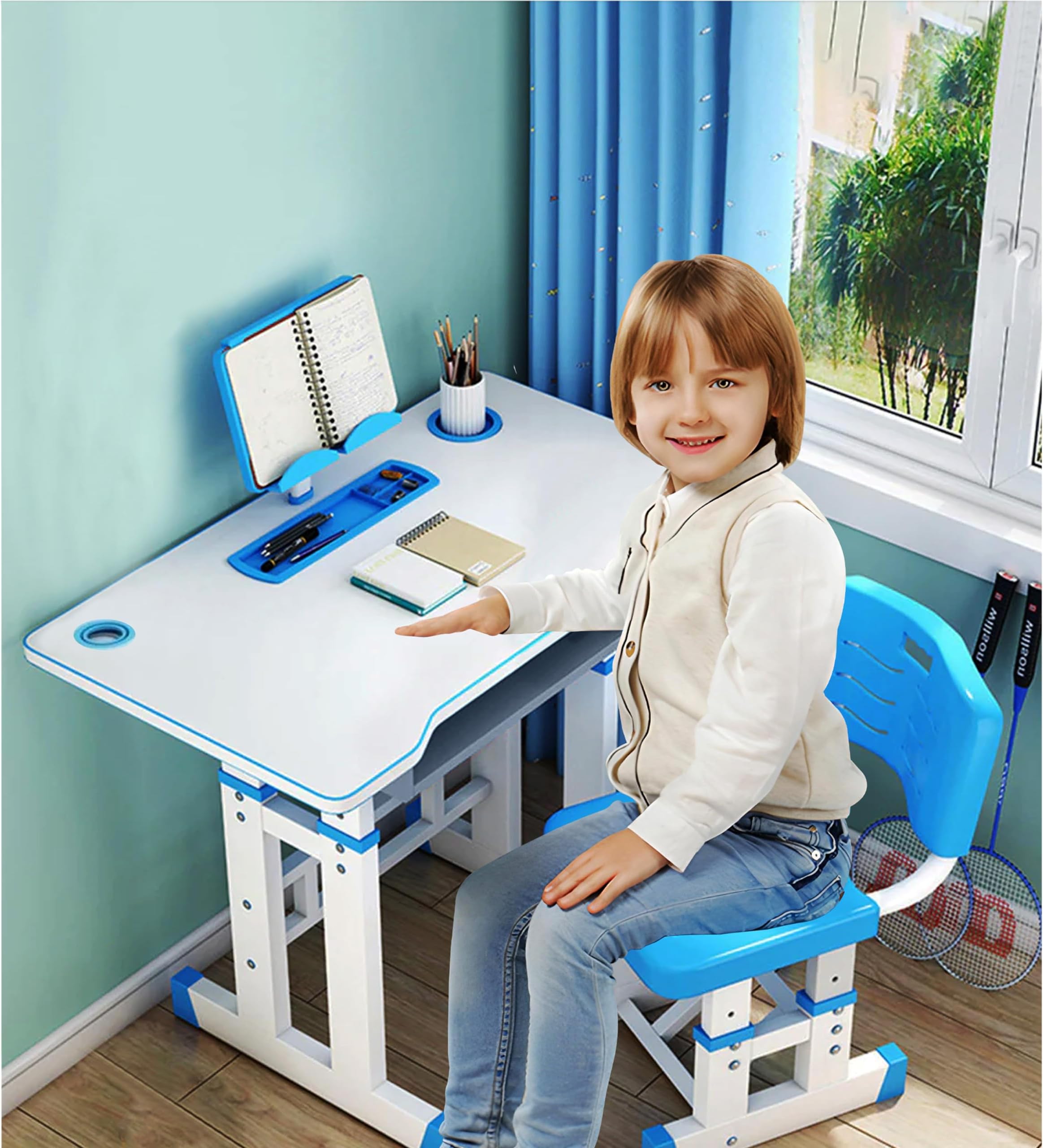ToshionicsAdjustable Kids Study Desk And Chair Set Educational Table with Ergonomic Design Safe Construction Ample Storage Ideal for Home Learning Nursery Creativity Growing Baby Child (Blue)
