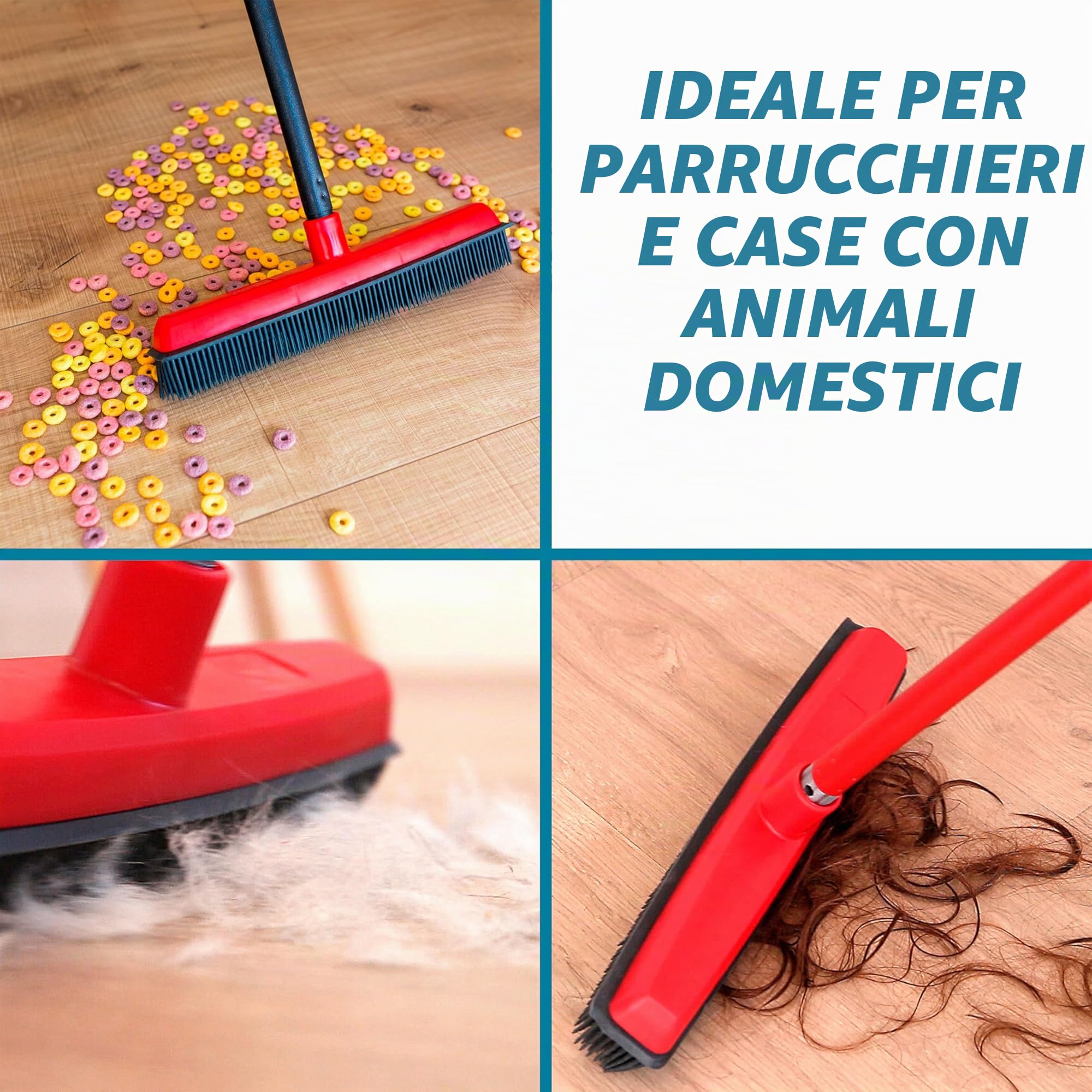 Maya | Scopa in gomma | Ideale per spazzare pelucchi, peli di animali domestici, toelettatura | Non graffia il pavimento | Non solleva polvere | Colore rosso e nero