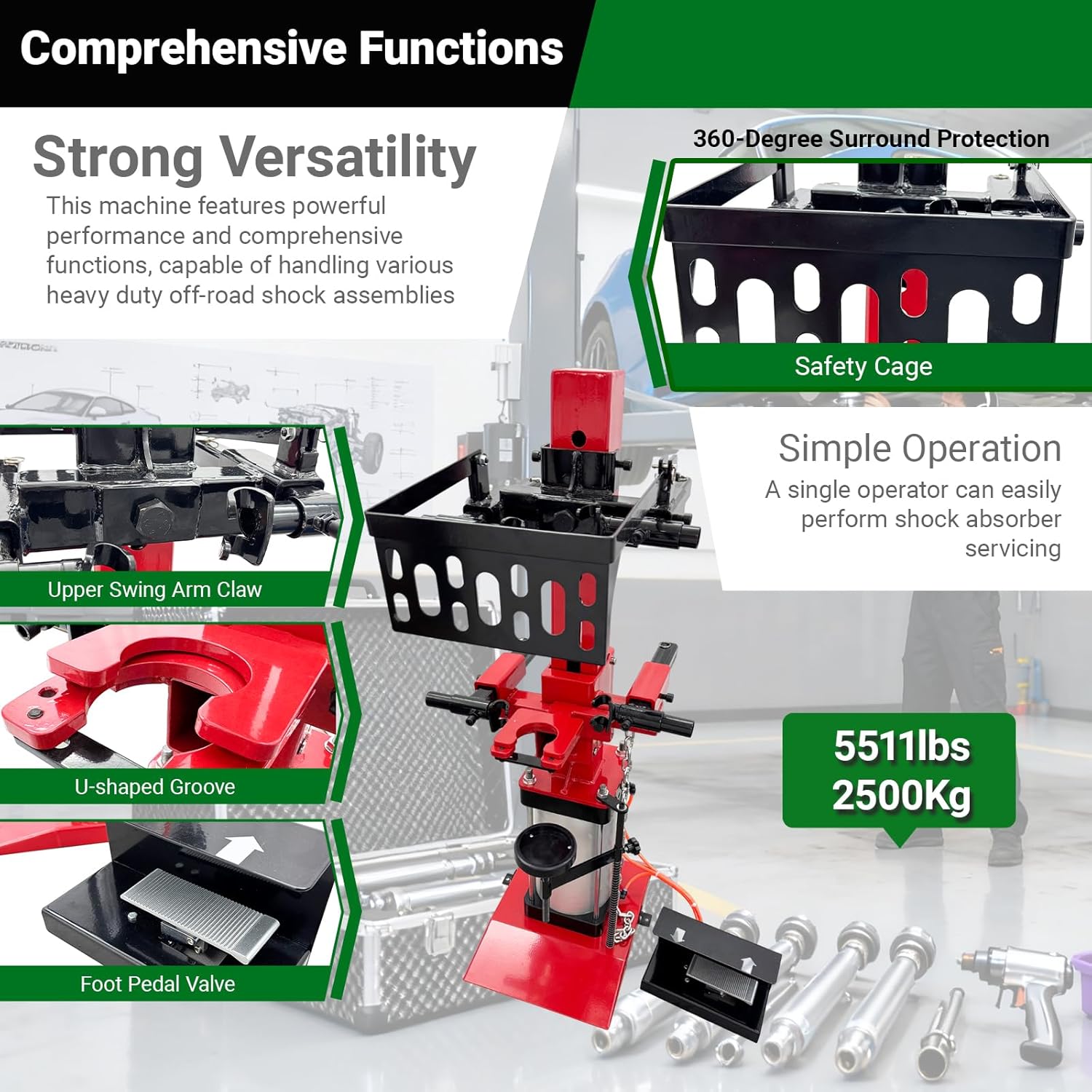 Pneumatic Strut Coil Spring Compressor 5511LBS Heavy Duty Air Operated Suspension Spring Remover Tool for Sedans, SUVs, Trucks 2 Operation Modes, Stable Locking & Safety Chain,Floor Mount