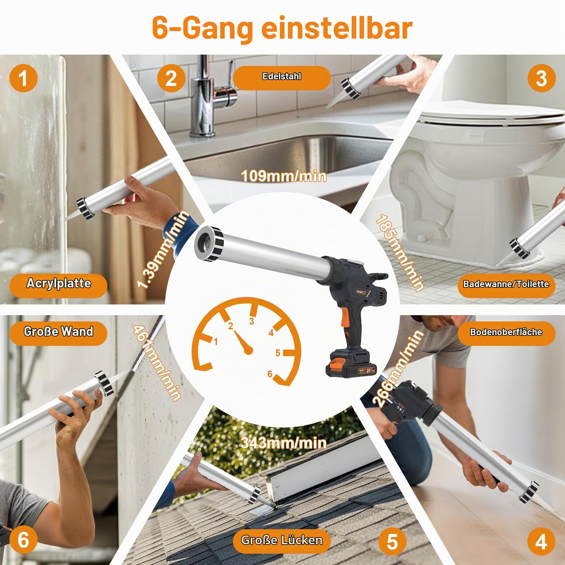 MAXXT Elektro‑Dichtungsspritze für 600 ml‑Kartuschen, 20V Silikonspritze mit 2000 mAh Akku zum Dichten und Abdichten