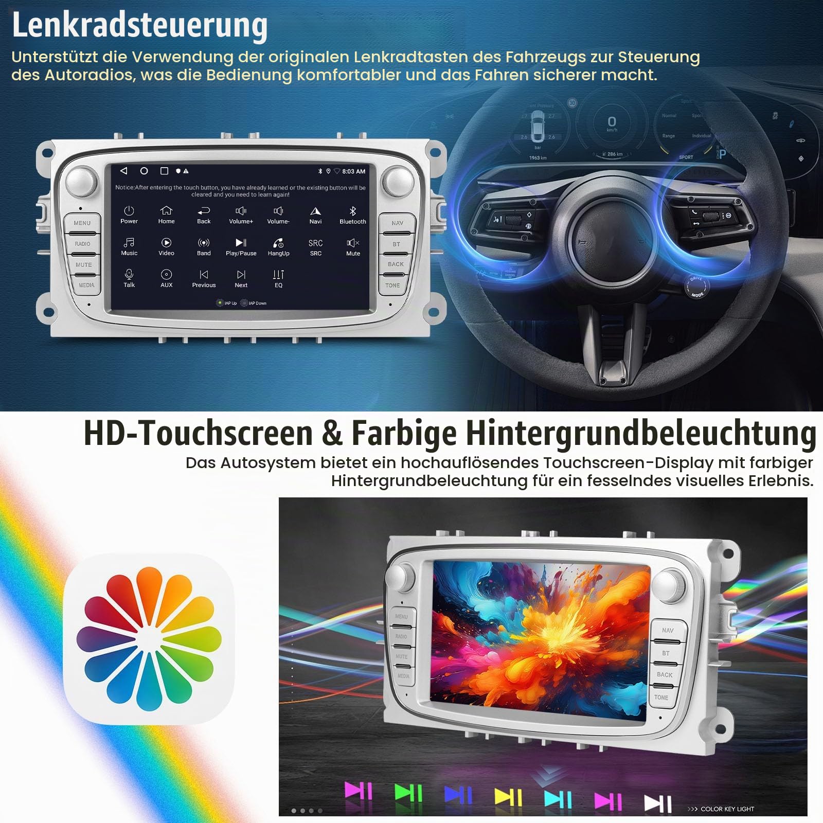 2G+64G Android 13 Autoradio mit Bluetooth für Ford Focus II mk2 Mondeo S-Max C-Max Galaxy Kuga mit Carplay Android Auto 7“ Touchscreen-Radio mit GPS WiFi FM/RDS EQ Mirror Link+Rückfahrkamera&Mic