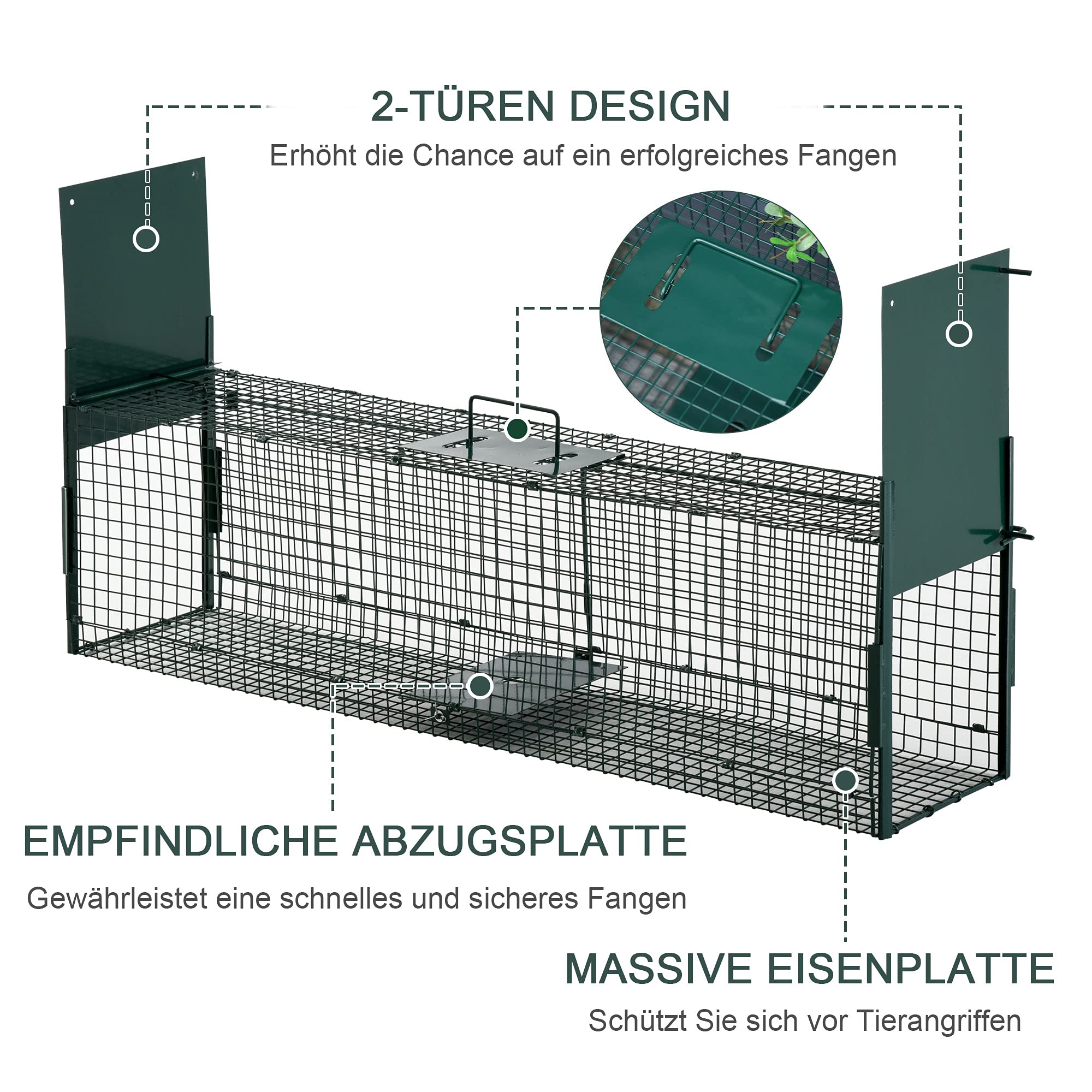 PawHut Tierfalle Marderfalle Fangfalle für Kaninchen Katzenfalle Ratte 2 Eingänge Griff Metall Dunkelgrün 100L x 25B x 28H cm