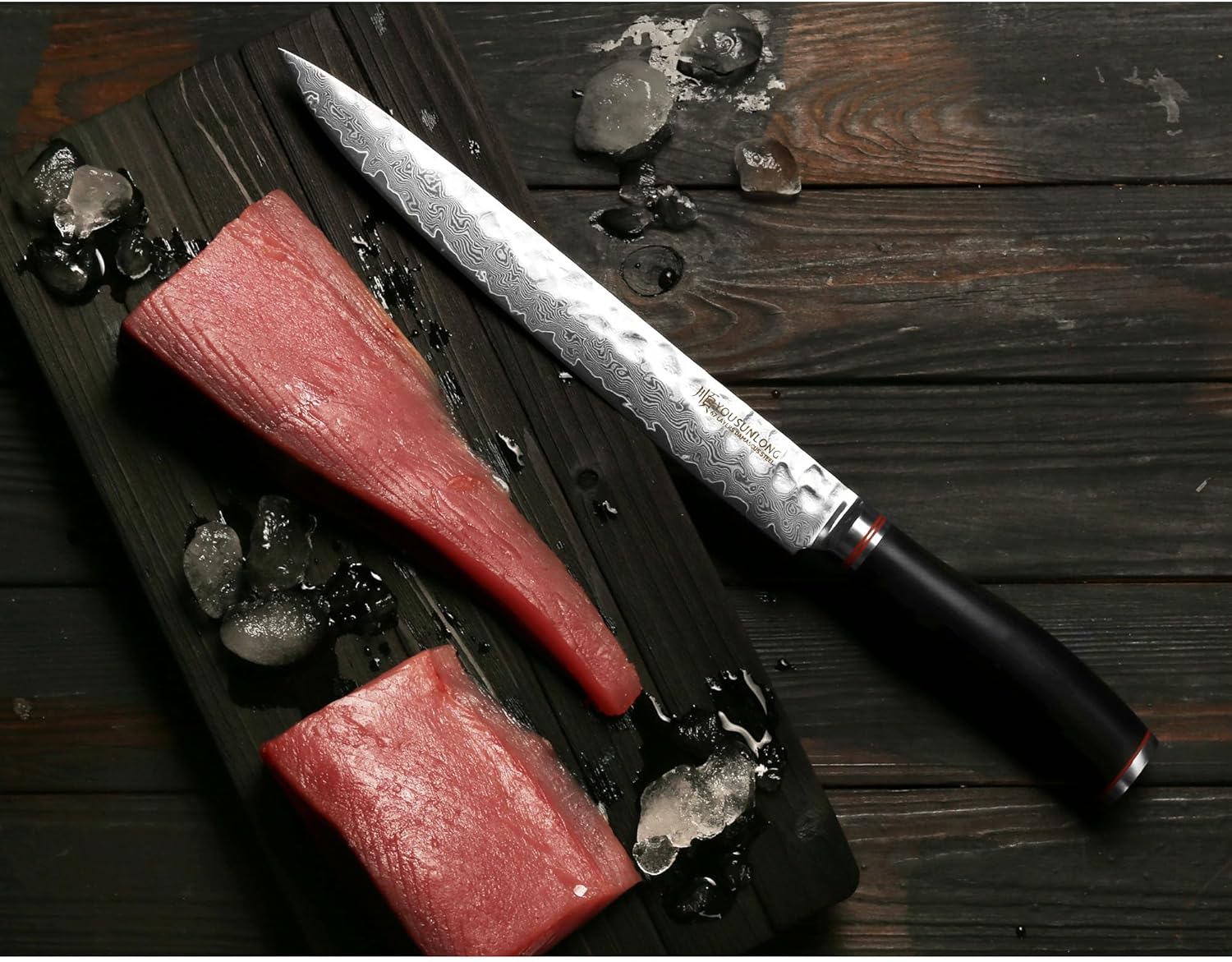 YOUSUNLONG Fillet Knives 10 inch Sashimi Knife Pro Yanagi Knife Japanese Hammered Damascus Natural Ebony Wood Handle with Leather Sheath - Image 8
