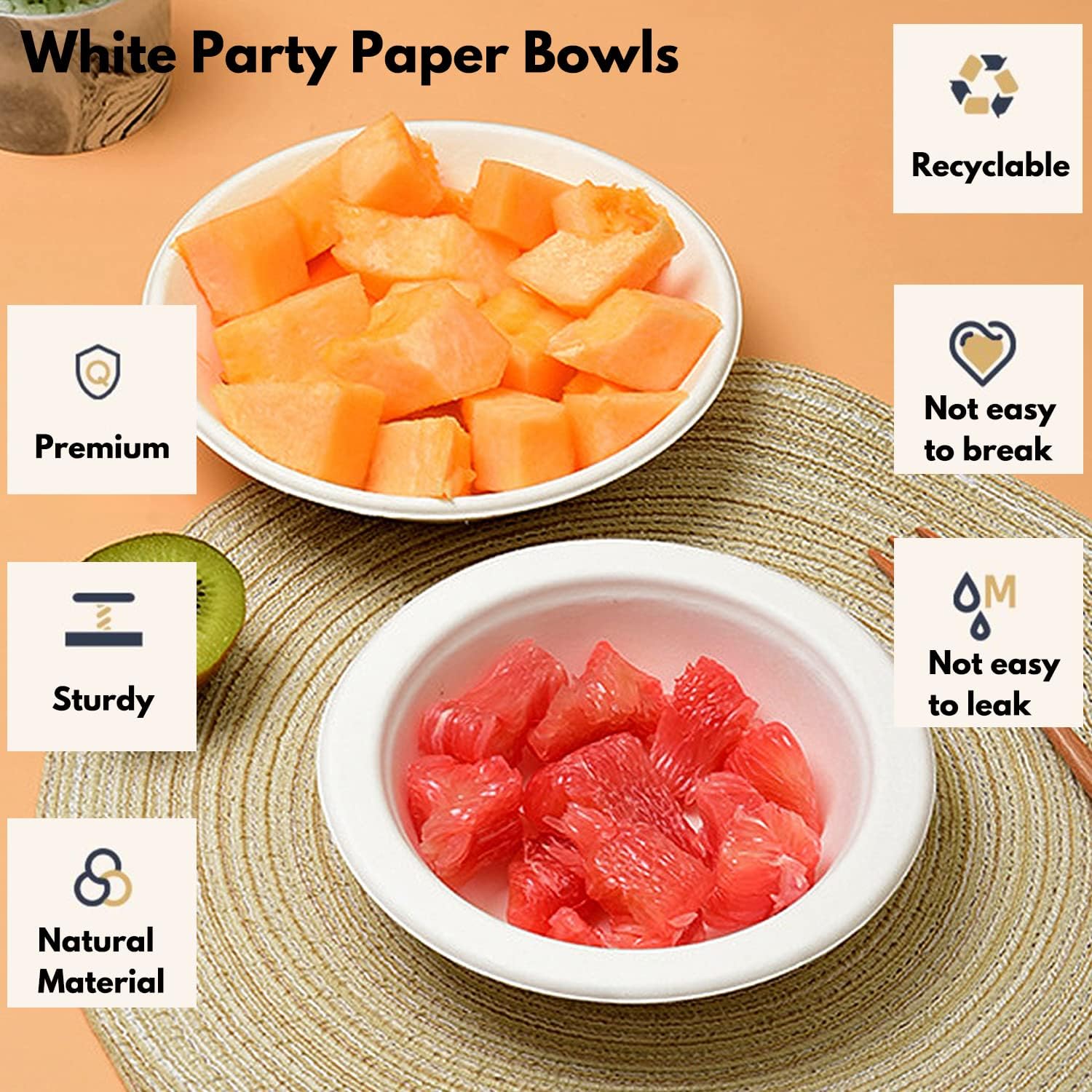 Haawooky 100 Pack White Disposable Paper Bowls, 8oz Natural Compostable, Eco-friendly Paper Biodegradable Bowls for Party, Salad, Dessert