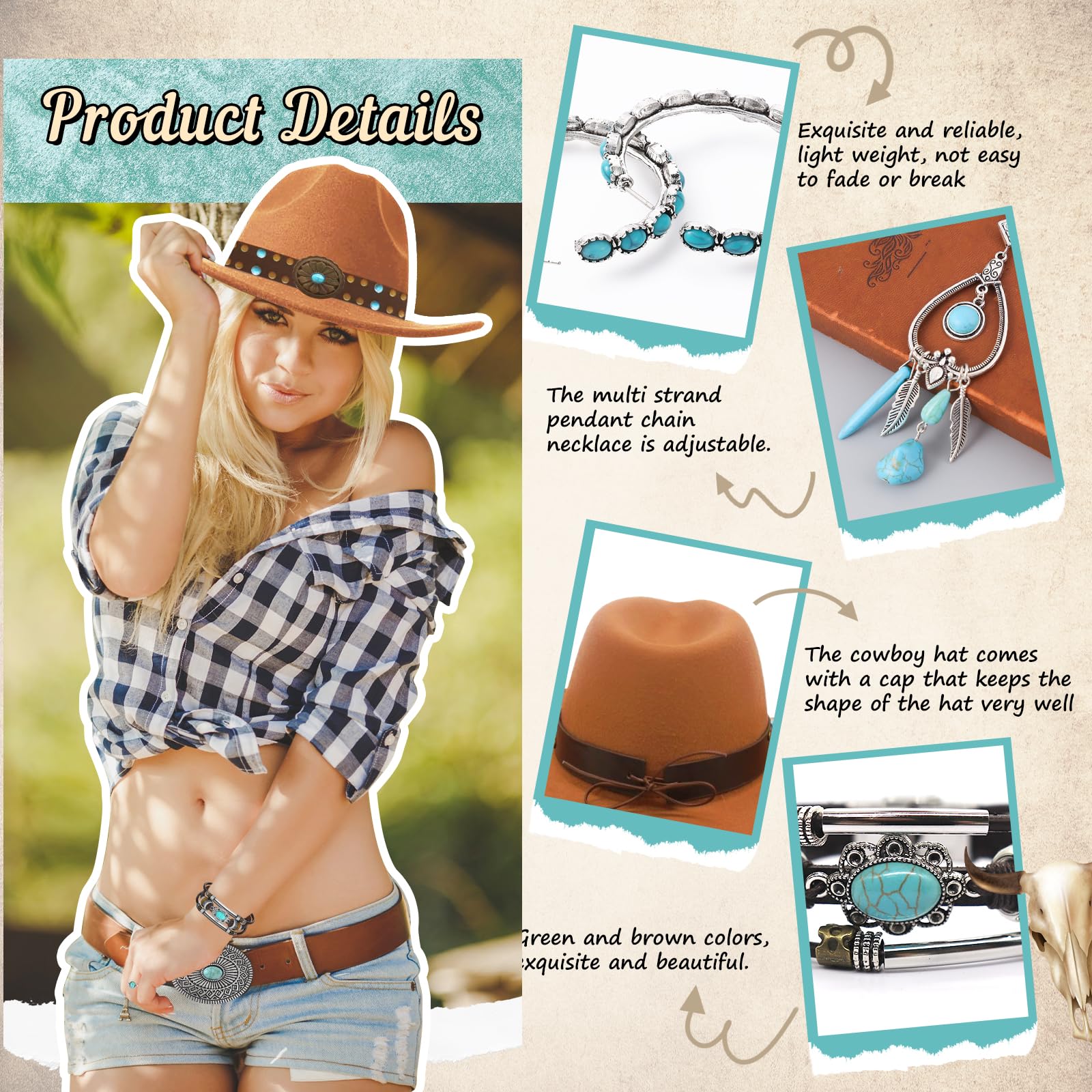 Zestaw 7 sztuk akcesoriów do kapelusza kowbojskiego dla kobiet, zestaw kostiumów western cowgirl z kapeluszami kowbojskimi, paskiem, naszyjnikiem boho, kolczykami, pierścionkami