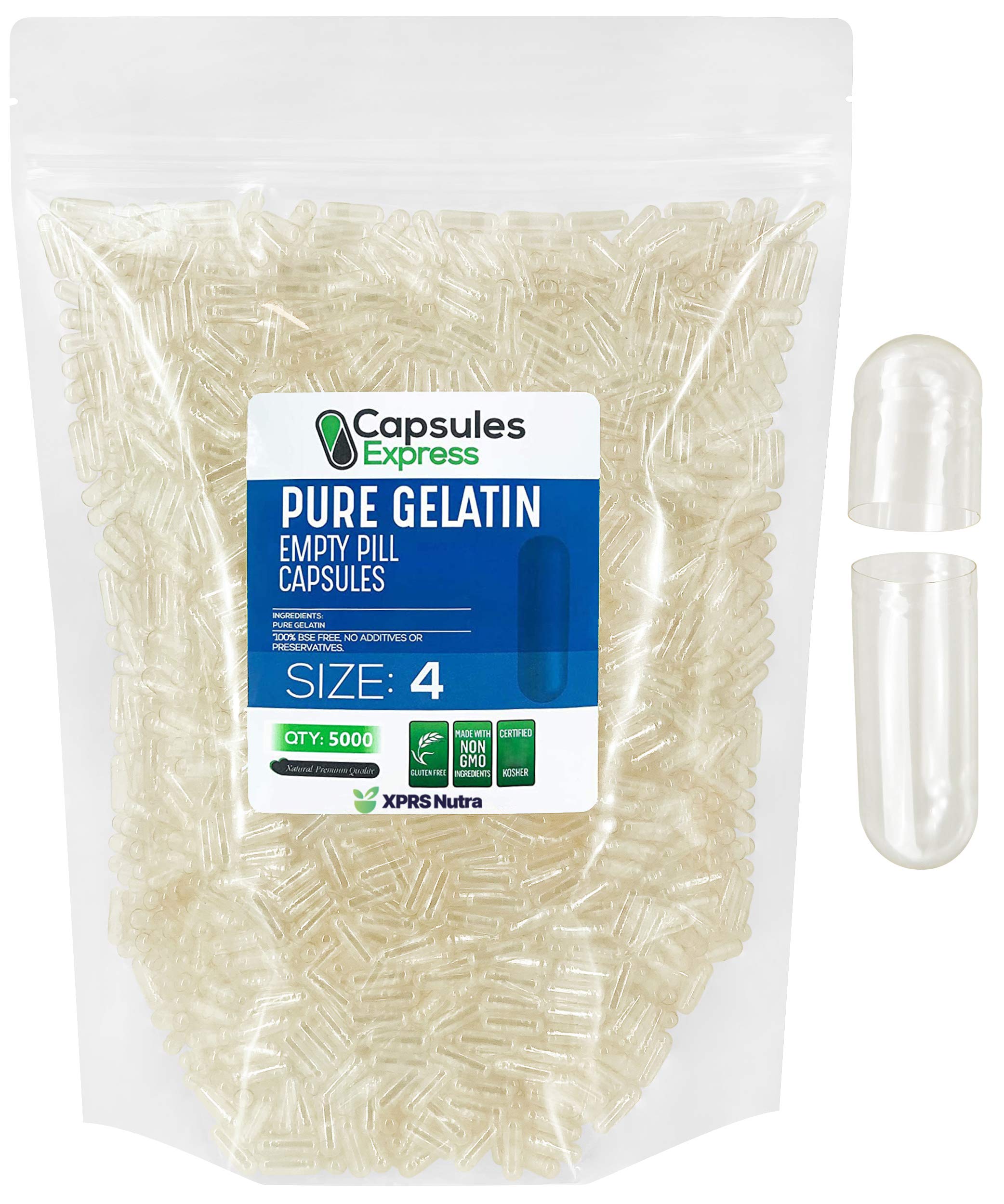 XPRS Nutra Size 4 Empty Capsules - 5000 Count Clear Empty Gelatin Capsules - DIY Capsule Filling - Fillable Pure Bovine Pill Gel Caps Pills for