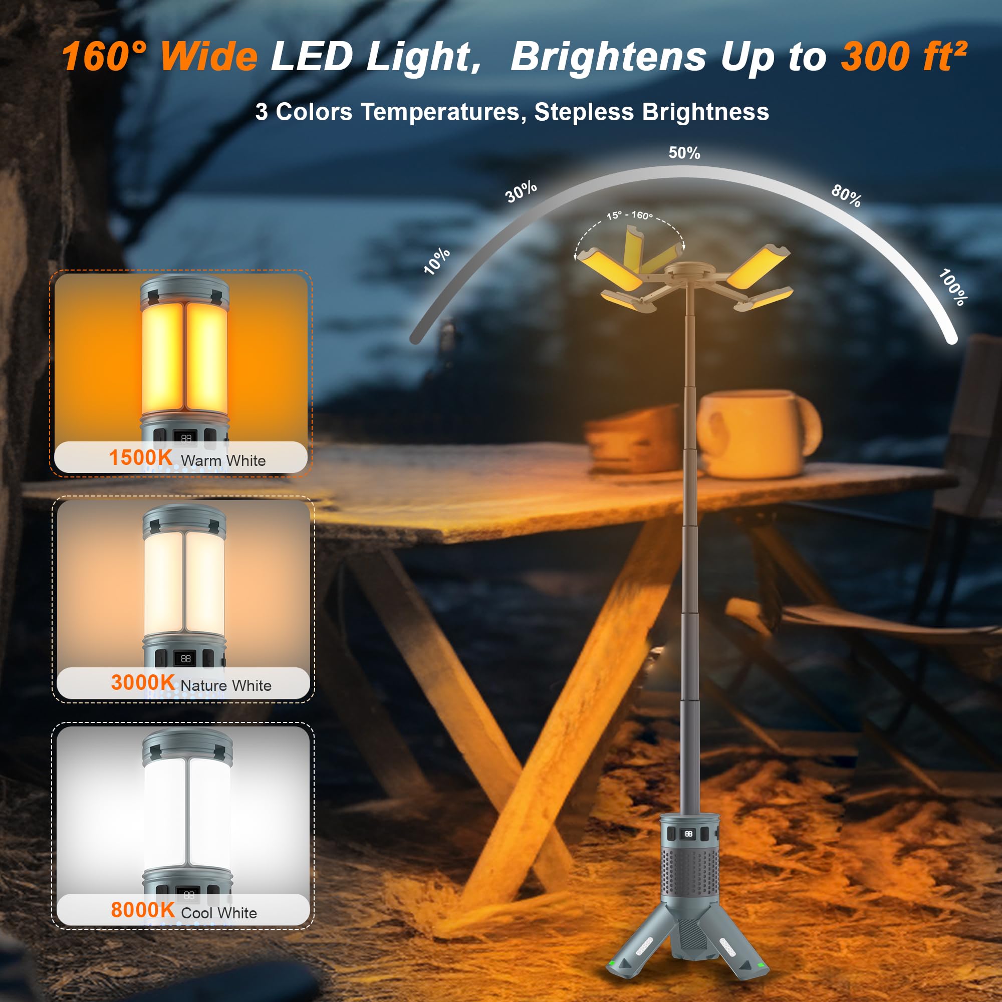 Camping-Lichter, wiederaufladbare Teleskop-Camping-Lichter mit Ständer, 12000 mAh, Campinglaternen und Lichter mit RGB, Magnetfuß, tragbare Taschenlampen für Camping, Wandern, Notfall