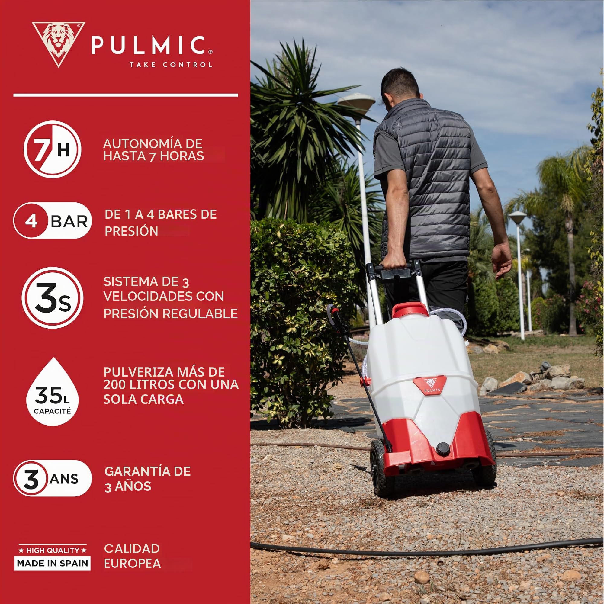 Pulmic Kit Premium Pulverizador eléctrico 35L + Lanza telescópica 5m, 4 Bar, Manguera 6m, autonomía 7h. para Limpieza de techos, Jardines, Aplicaciones en Altura, Palo ergonómico y Ultraligero