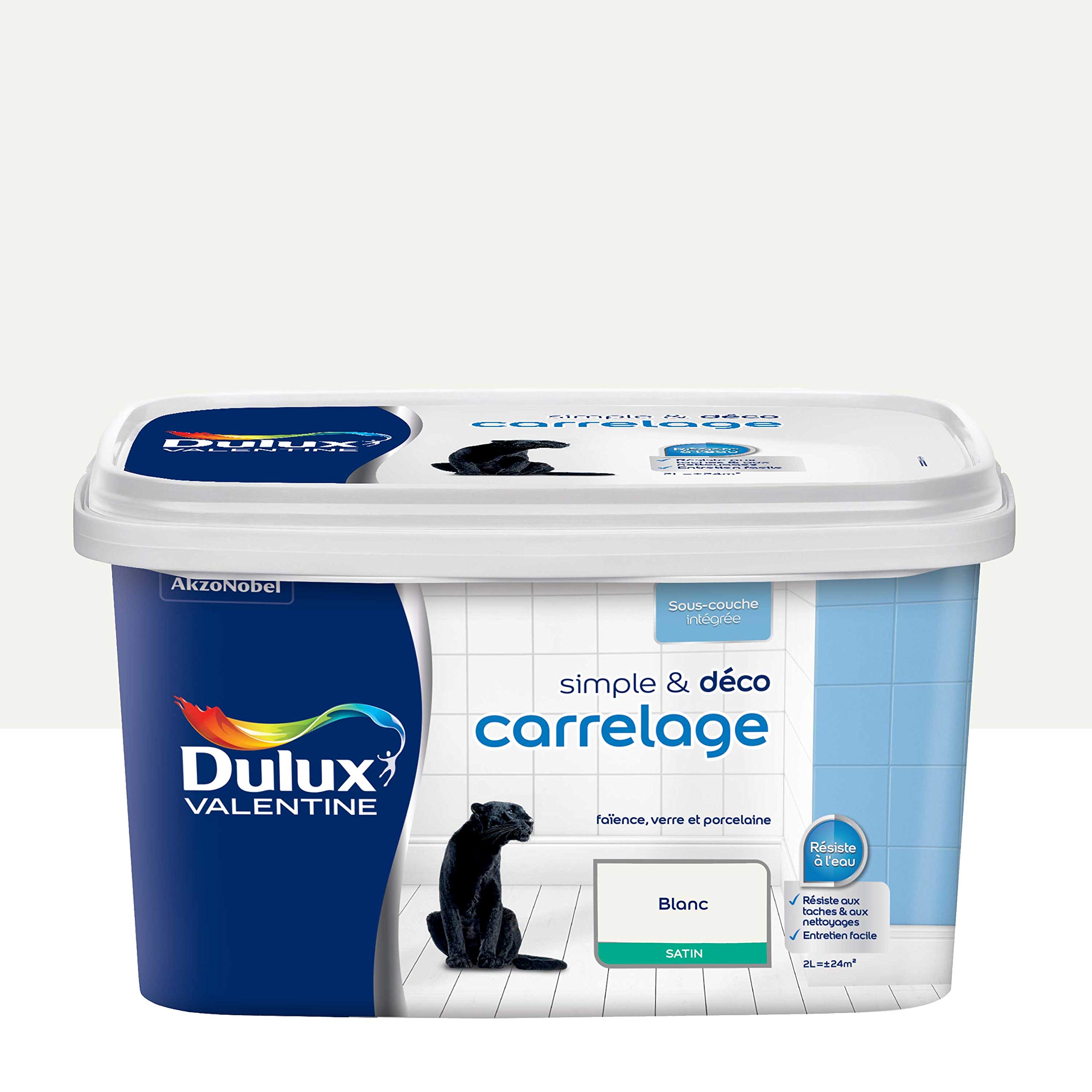 Dulux Valentine Simple & Déco Peinture intérieure de Rénovation - Pour vos carrelages en faïence, verre et porcelaine - Couleur : Blanc Satin - 2L - 5329860