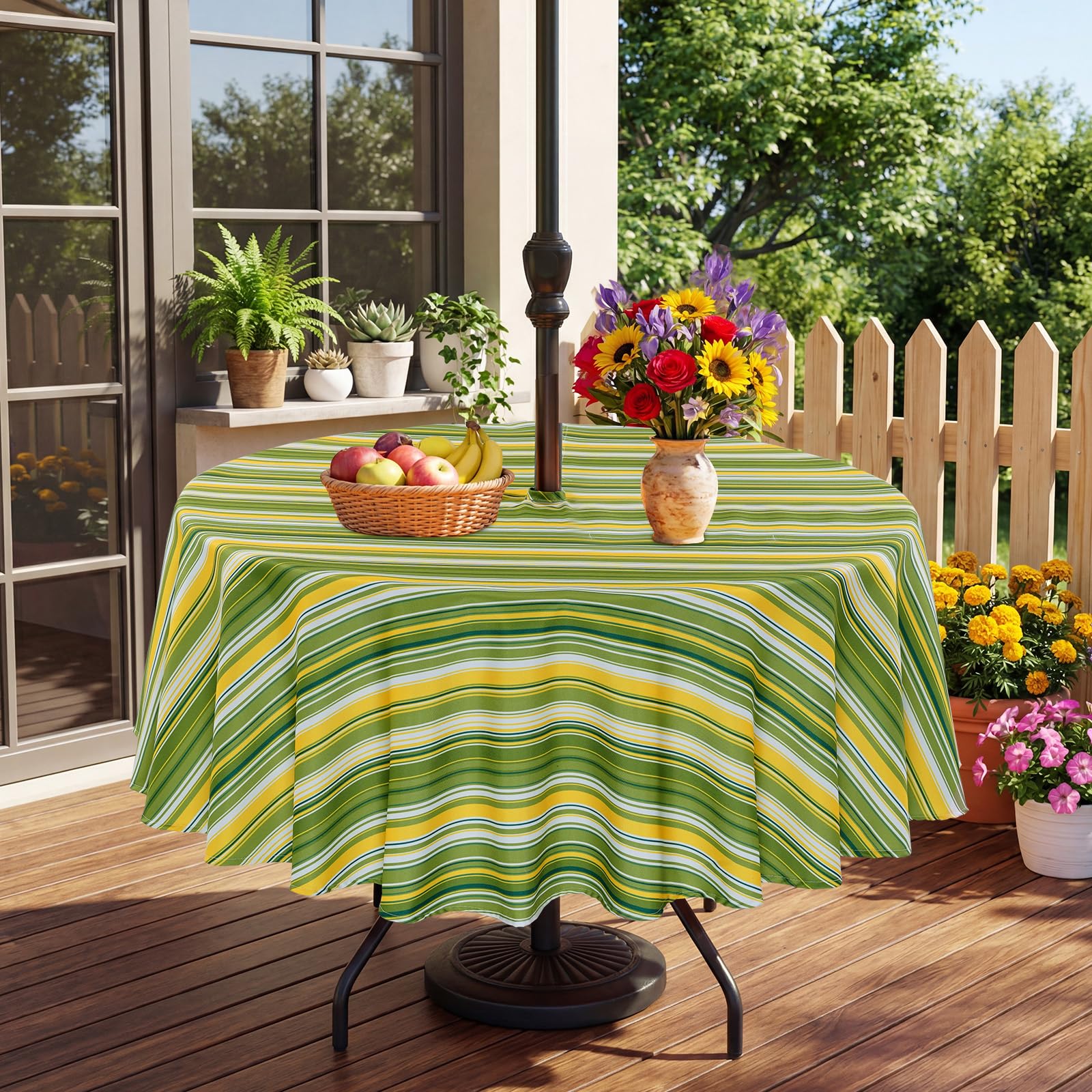Eternal Beauty 70" Round Tablecloth Waterproof Outdoor Tablecloth with Umbrella Hole Zipper for Spring Summer Patio Picnic Tables (Green Stripe, 70" Round)