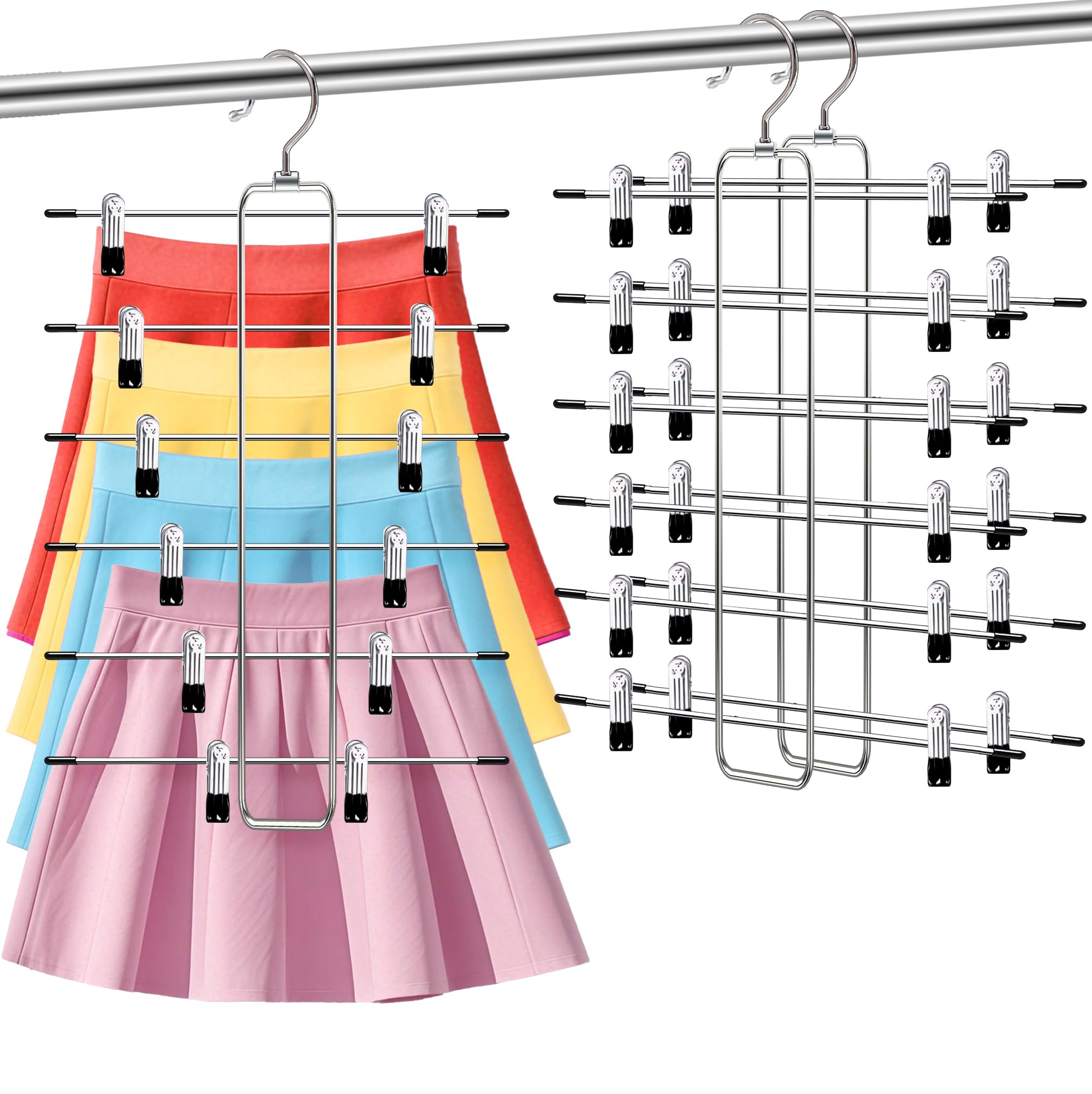 Closet-Organizers-and-Storage,6 Tier Pants-Hangers-Space-Saving,Skirt-Hangers with Clips for Closets Organizer,College-Dorm-Room-Essentials,2 Pack Closet Storage Clothes Shorts Jean Hanger