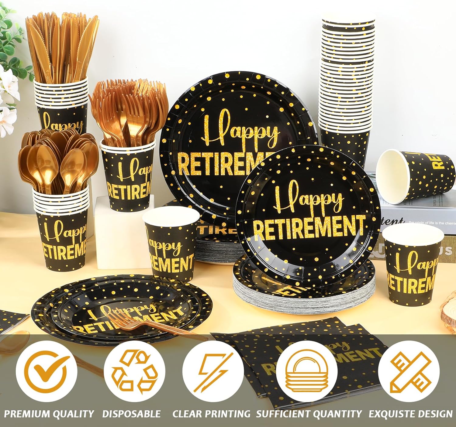 Qyeahkj 350Pcs Retirement Party Plates Set Happy Retirement Party Supplies Serve 50 Tableware Include Plates Napkin Cup Forks Knives Spoons Disposable Dinnerware for Men Women Graduation Retirement