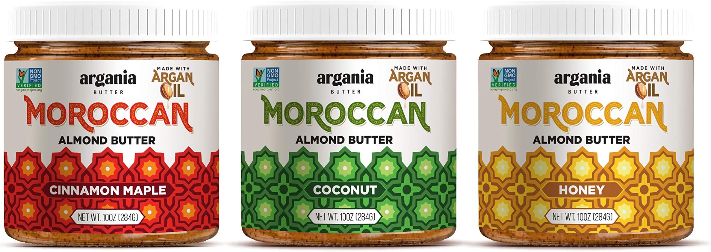 Argania Almond Butter and Organic Argan Oil, 10 Ounce 3 Pack Variety (Honey, Cinnamon Maple, Coconut)