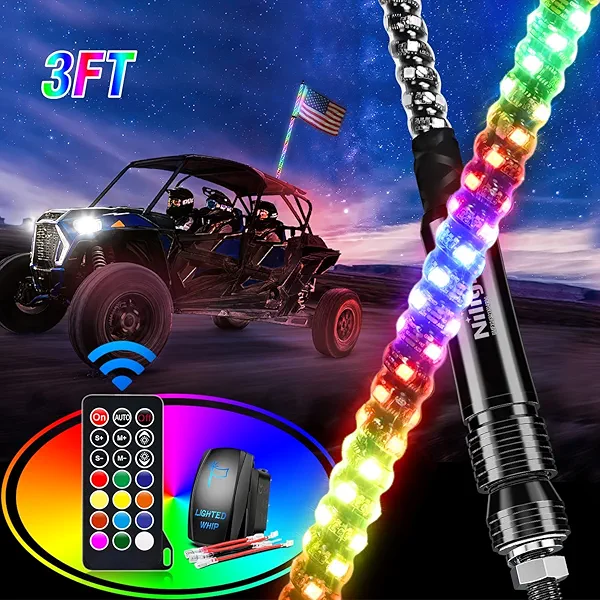 Nilight 1PC 3FT Spiral RGB Led Whip Light w/RGB Chasing/Dancing Lights RF Remote Control Lighted Antenna Whips for Can-am ATV UTV RZR Polaris Dune Buggy 4 Wheeler Offroad Jeep Truck