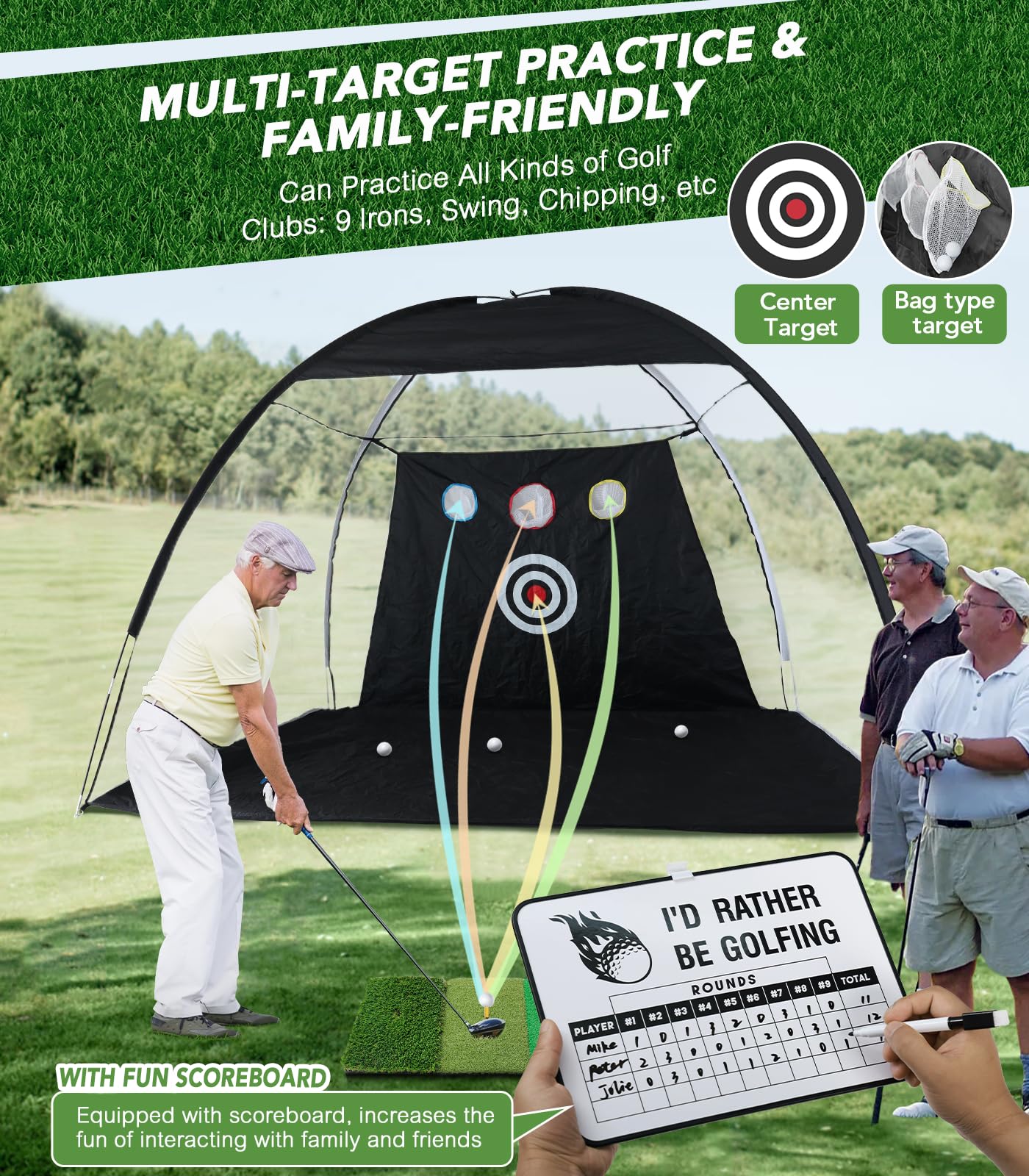 Golfnetz mit faltbarer Tri-Turf-Übungsmatte, 3 x 2,4 m, All-in-1-Golfschlaghilfe mit Anzeigetafel und Ziel, Chipp-Trainingsnetze für Hinterhoffahren, ideales Geschenk für Männer, Vater, Ehemann