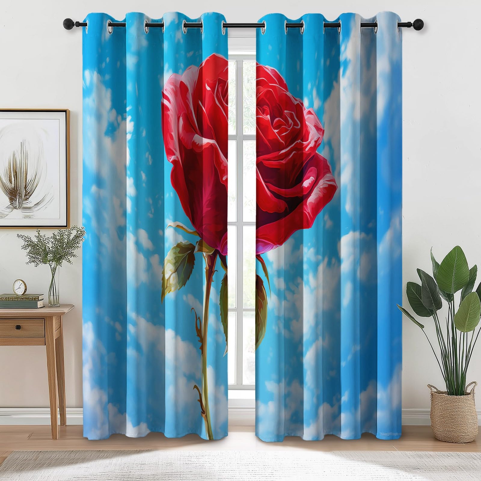 Rideau Occultant Naturel Minimaliste, Rideaux Motif Plantes Fleurs Ciel Nuages, Rideau Thermique Isolant à Oeillets, Rideaux Imprimé pour Salon Chambre Décoration, Lot de 2, 70 X 200 cm (LxH)