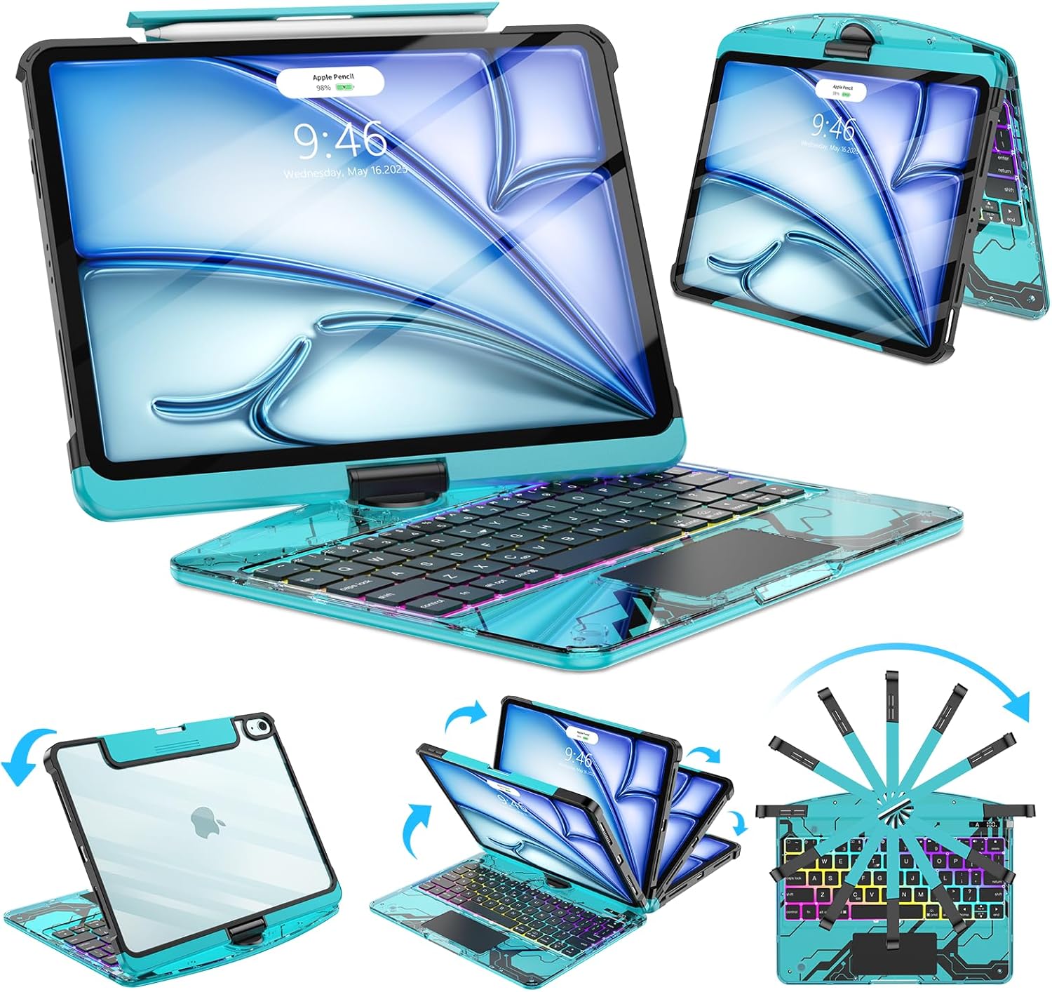SIBEITU Wireless Keyboard Case for iPad Pro 13 Inch (M5 2025/M4 2024), Clear Protective Cover with Multi-Touch Trackpad & Pencil Holder, 360° Rotatable Stand, 7-Color Backlight & 3-Brightness, Black