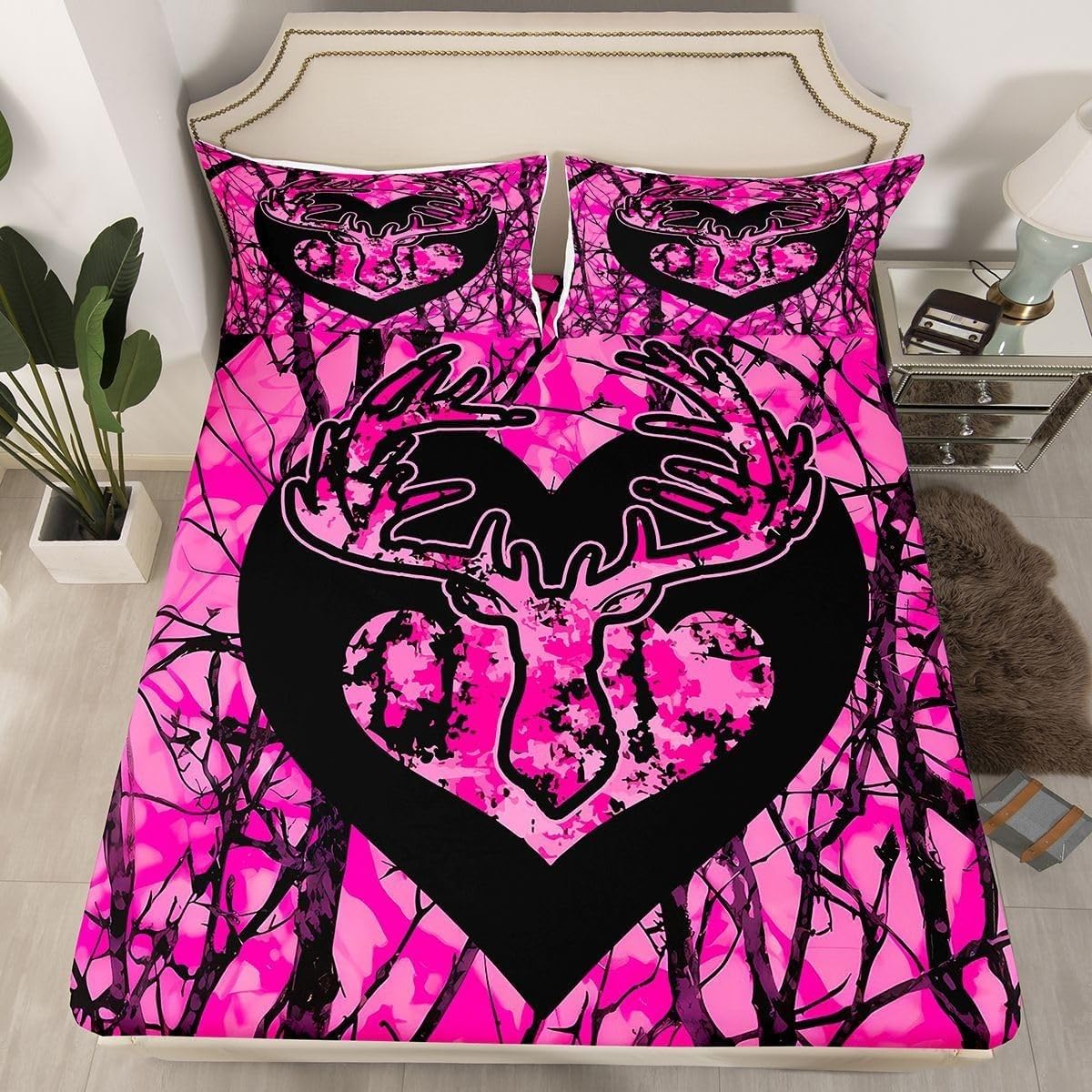 Tree Branches King Size Fitted Sheets Antlers Bed Sheets Deep Pocket 12 inch (30 cm) Soft Cozy 3 Piece Microfibre Bed Sheet 150x200 cm with 2 Pillowcases 50x75 cm