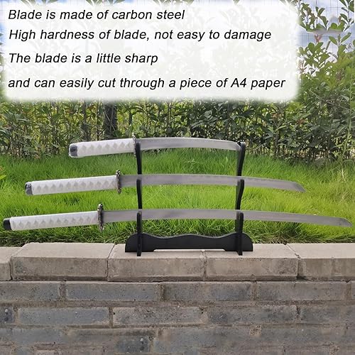 Miniatura 3 de Juego de 3 espadas samuráis japonesas con soporte de exhibición, hoja de acero al carbono Iaido Katana real para decoración de exhibición y regalo