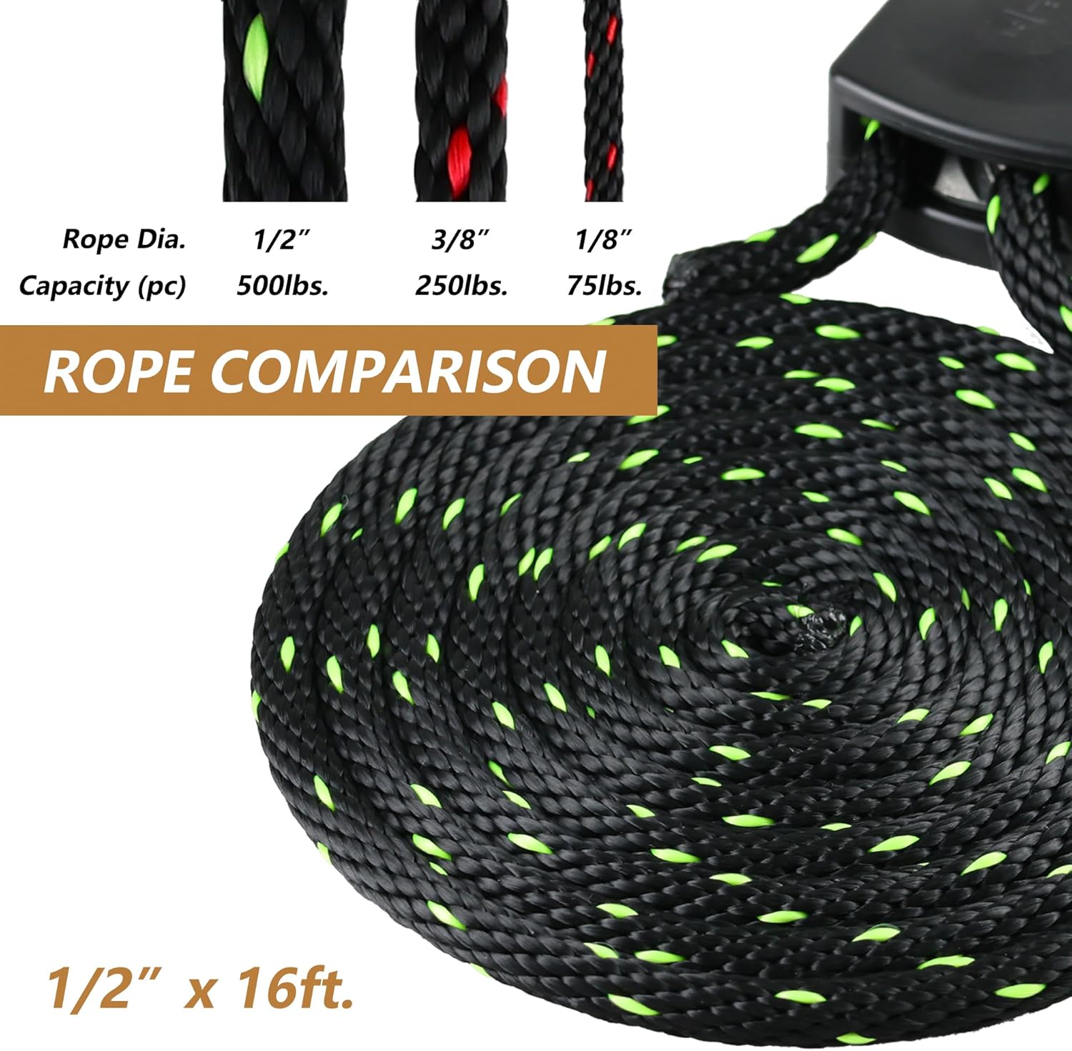 1/2” x 16ft. Tie Down Rope, Heavy-Duty Braided Locking Ratchet Pulley with 4” Carabiner for Kayak Bow and Stern Secure – 1 Pair - Image 6