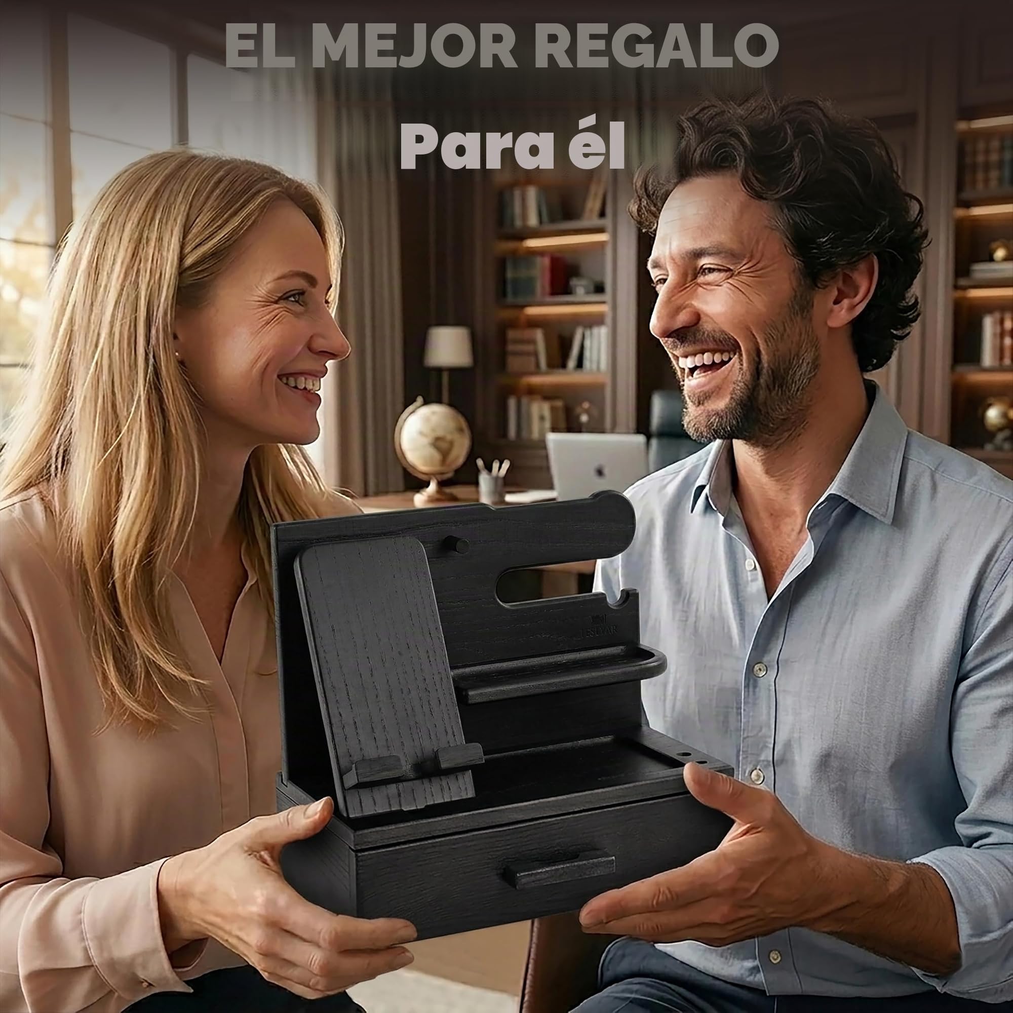 TESLYAR Estación de Acoplamiento de Madera para Teléfono con Cajón Organizador de Escritorio para Marido Regalos de Cumpleaños para Hombres Papá Regalo Padre Dia del Padre Regalos