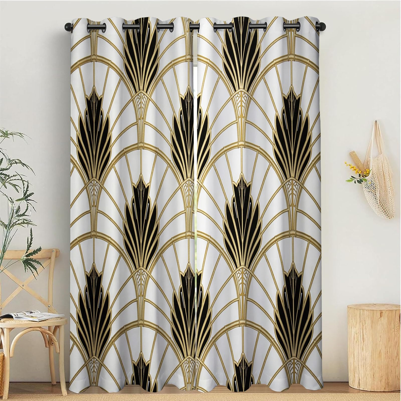 Verdunklungsvorhänge 2er Set - Retro-Luxus-Fächerform Thermovorhang - Art Deco Vorhang Blickdicht mit Ösen - Lärmschutzvorhang Gardinenschals - H220 x B140 cm, Gold