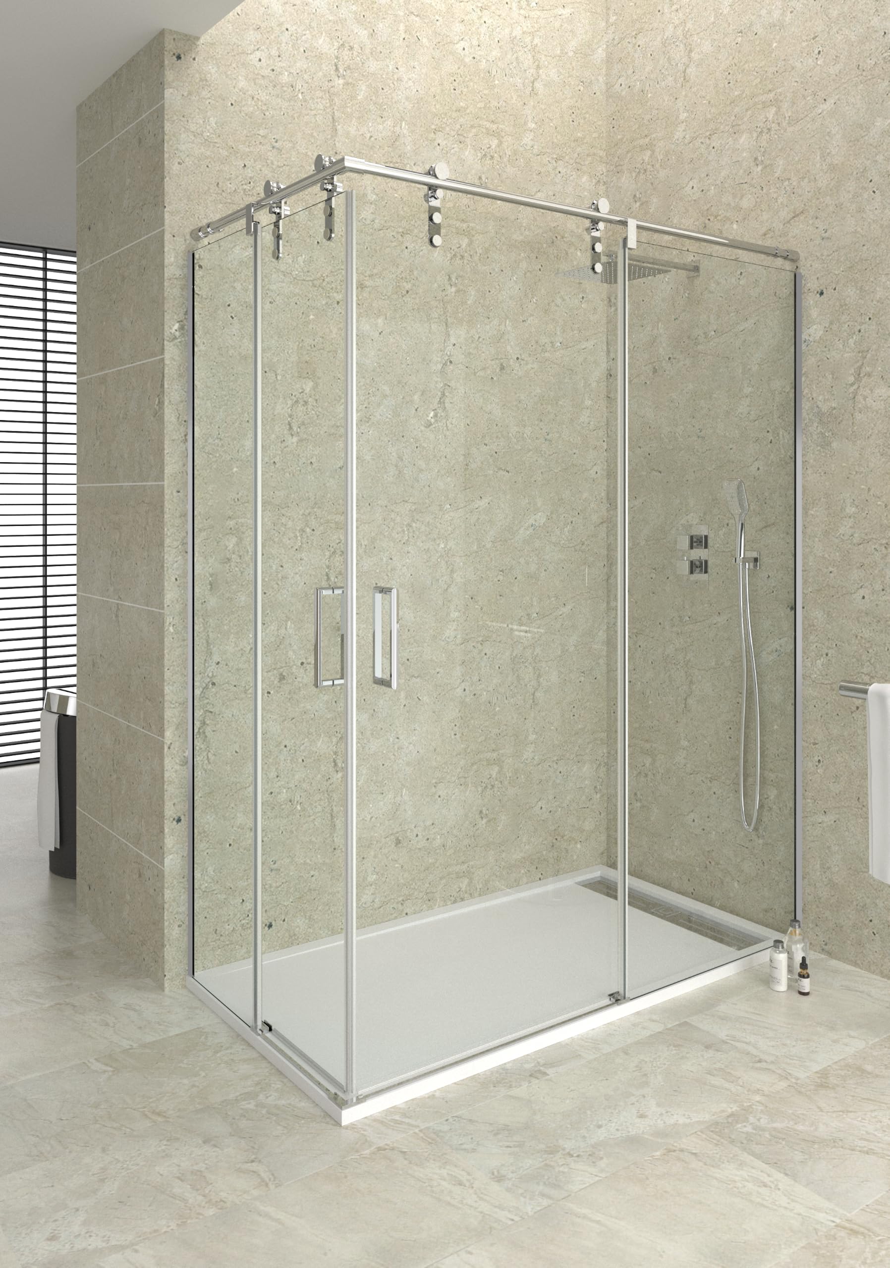 Imex verchromte Duschkabine, zweitürig, 2 fest + 2 verschiebbar, 130 x 80 cm, doppelseitiges Glas, Profil 199 cm, 8 mm stark, Magnetverschluss
