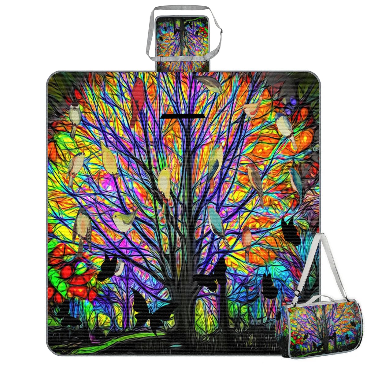 Manta cuadrada de picnic con diseño de árbol colorido, impermeable, plegable, para interiores y exteriores, para camping, playa, parque, reuniones familiares